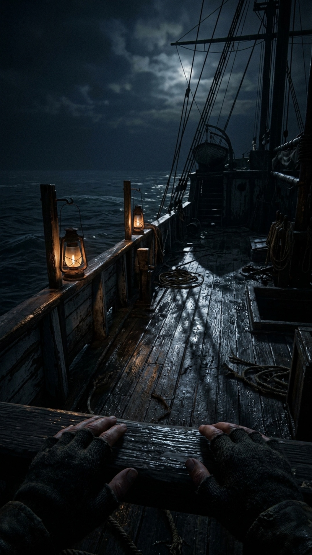 POV avanzando lentamente por la cubierta de un viejo barco abandonado de noche, completamente sol...