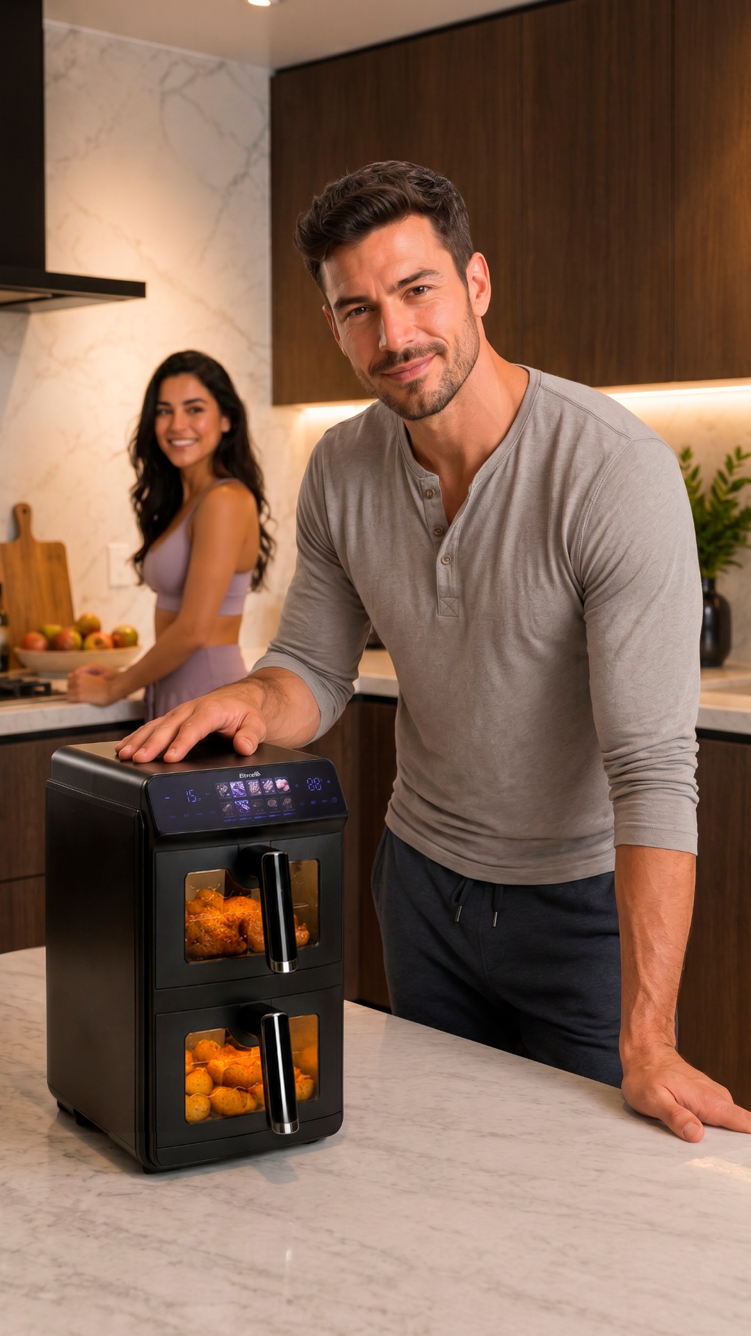 Realistic cinematic commercial.

The Eltronic 777-03 air fryer is a solid stationary object.
...