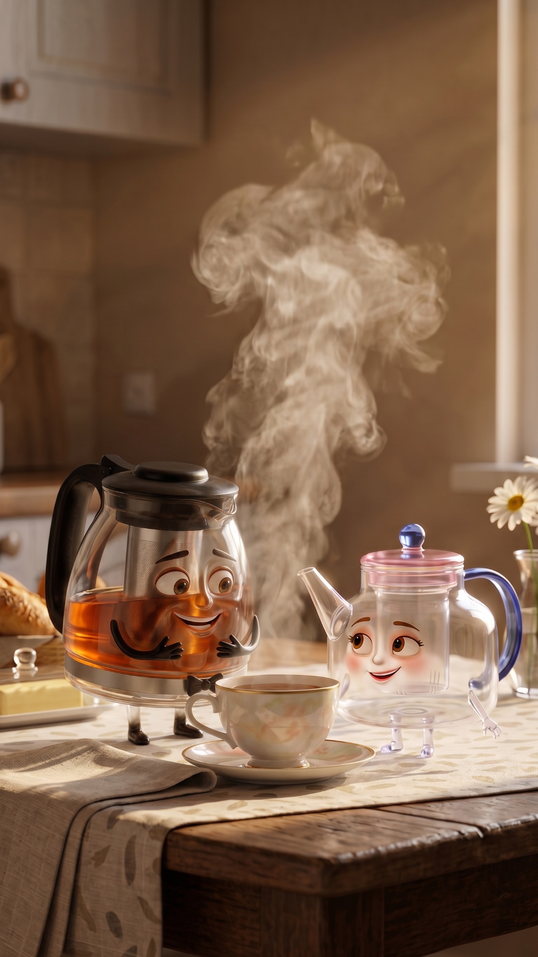 The husband teapot and wife teapot stand together in a warm cozy kitchen near a steaming cup of t...