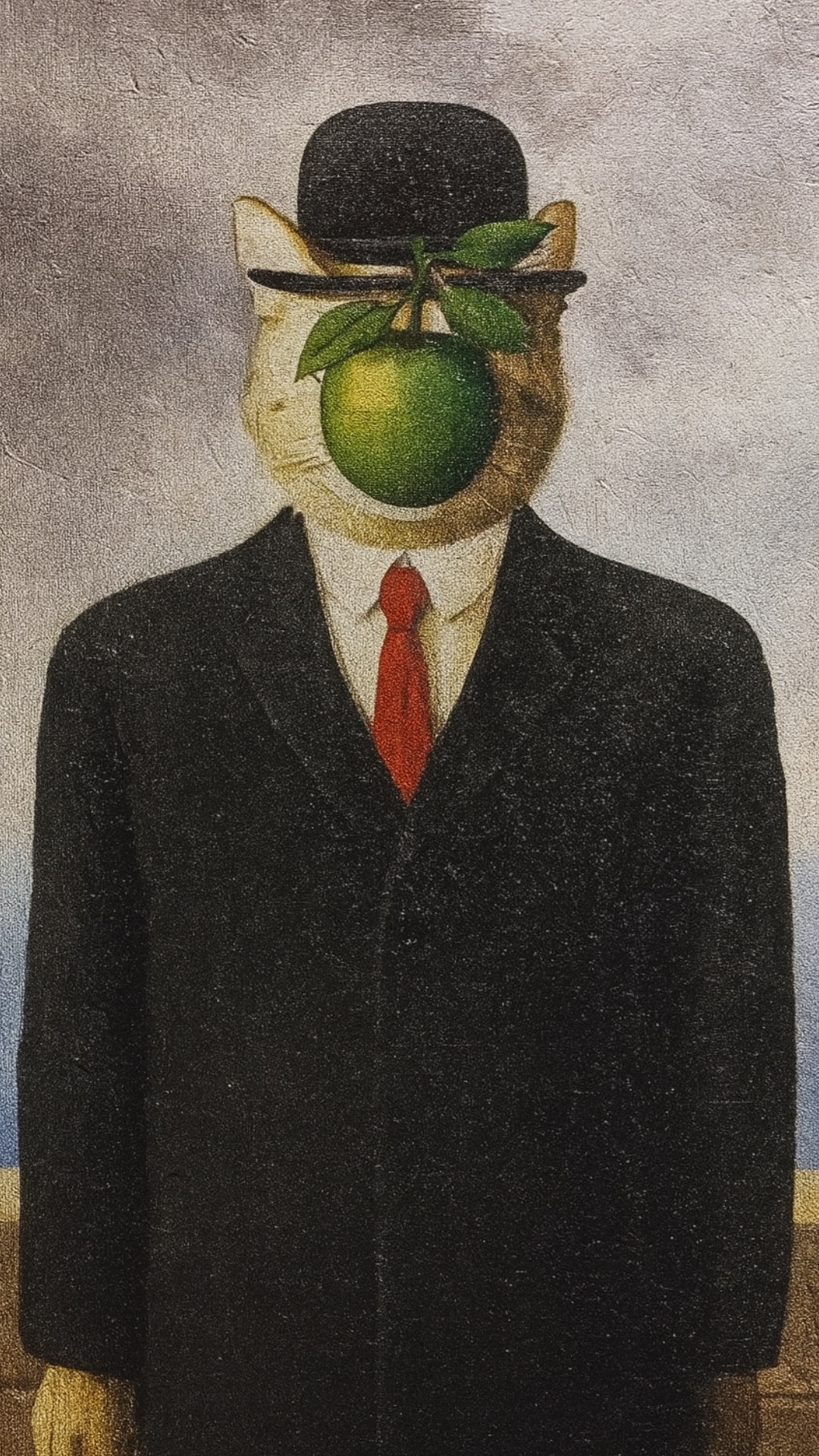 Subject: A cream-colored cat dressed in a black overcoat, red tie, and black bowler hat  
Context...