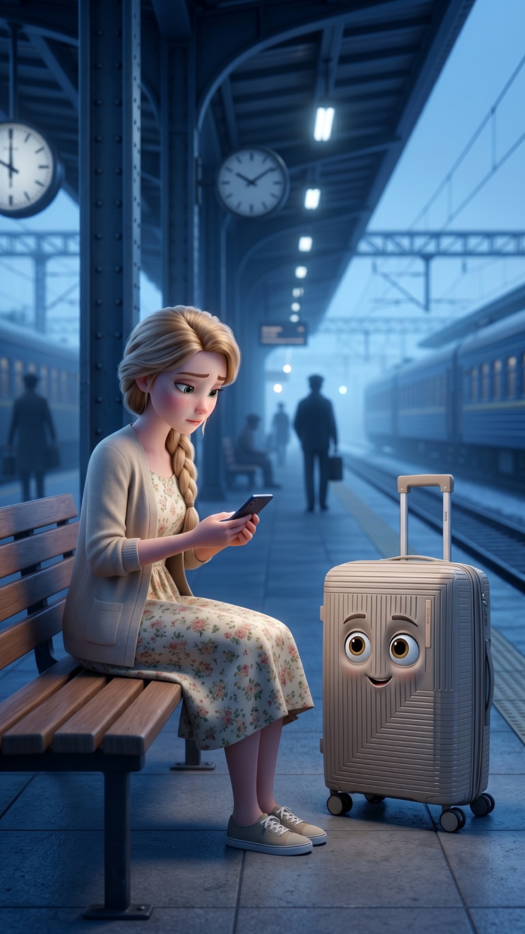 Railway station.

Characters:
- Evdokia
- LENDA suitcase

Evdokia sits alone on the bench....