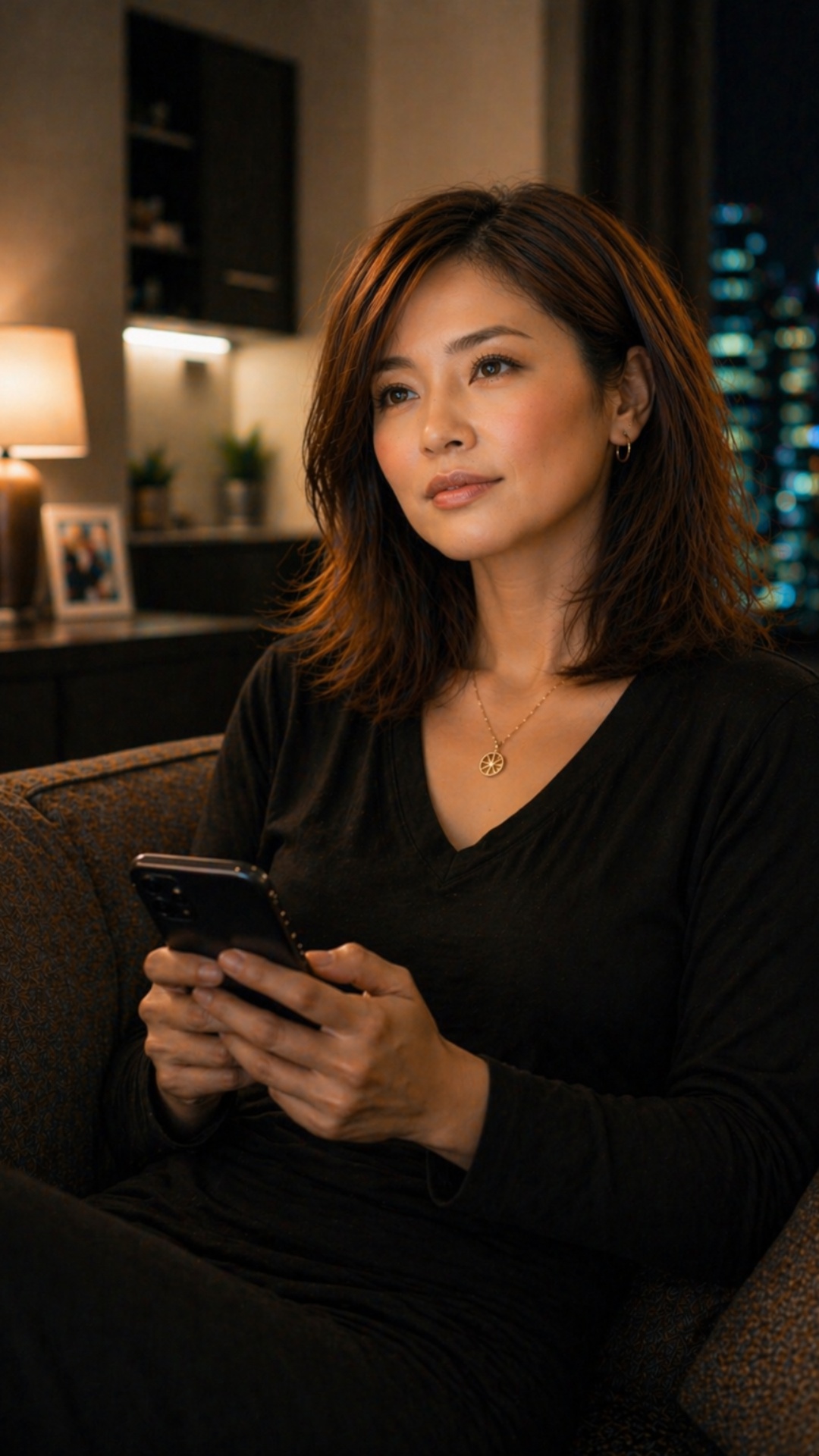 Woman sitting on sofa looking upward with hope, soft smile appearing, warm evening room light, sl...