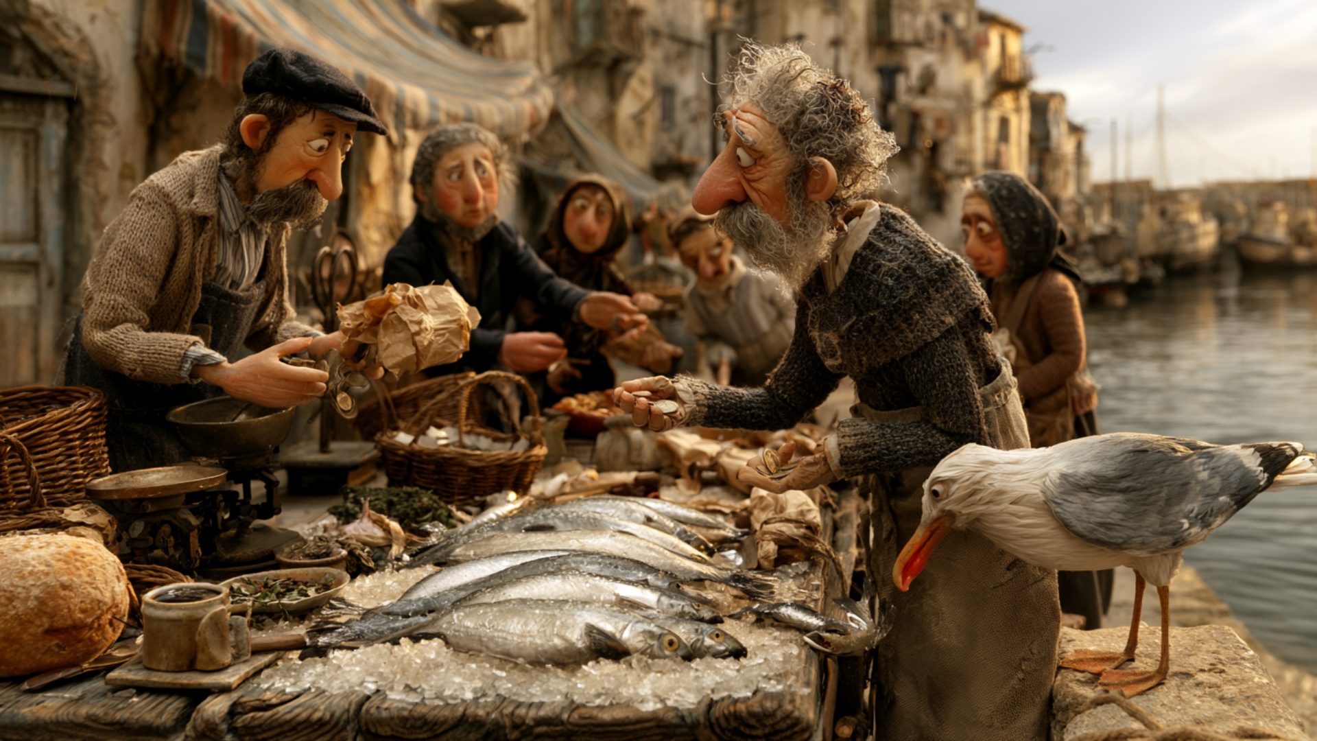 The fish seller wraps one fish in brown paper while the customer opens his palm and counts severa...