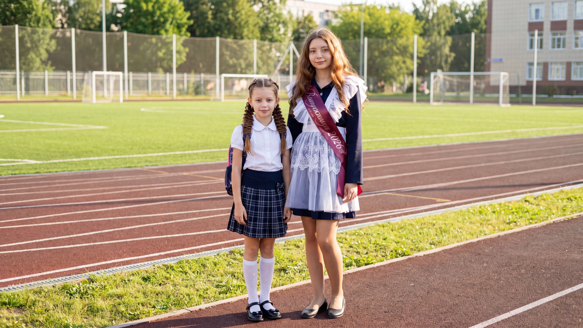 "Animate the combined image of the younger child and the older girl on a school football stadium ...