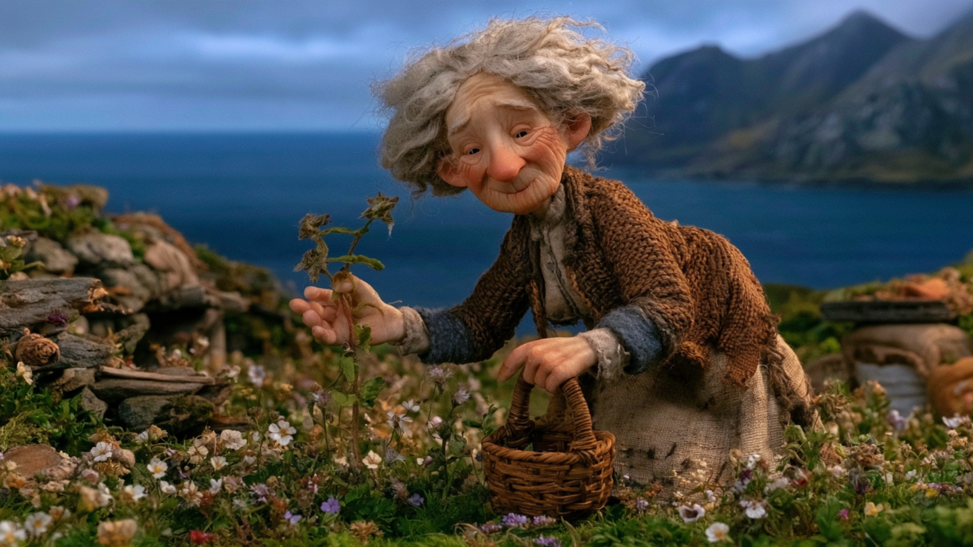 Gentle cinematic push-in. The woman keeps both hands exactly connected to their existing objects:...