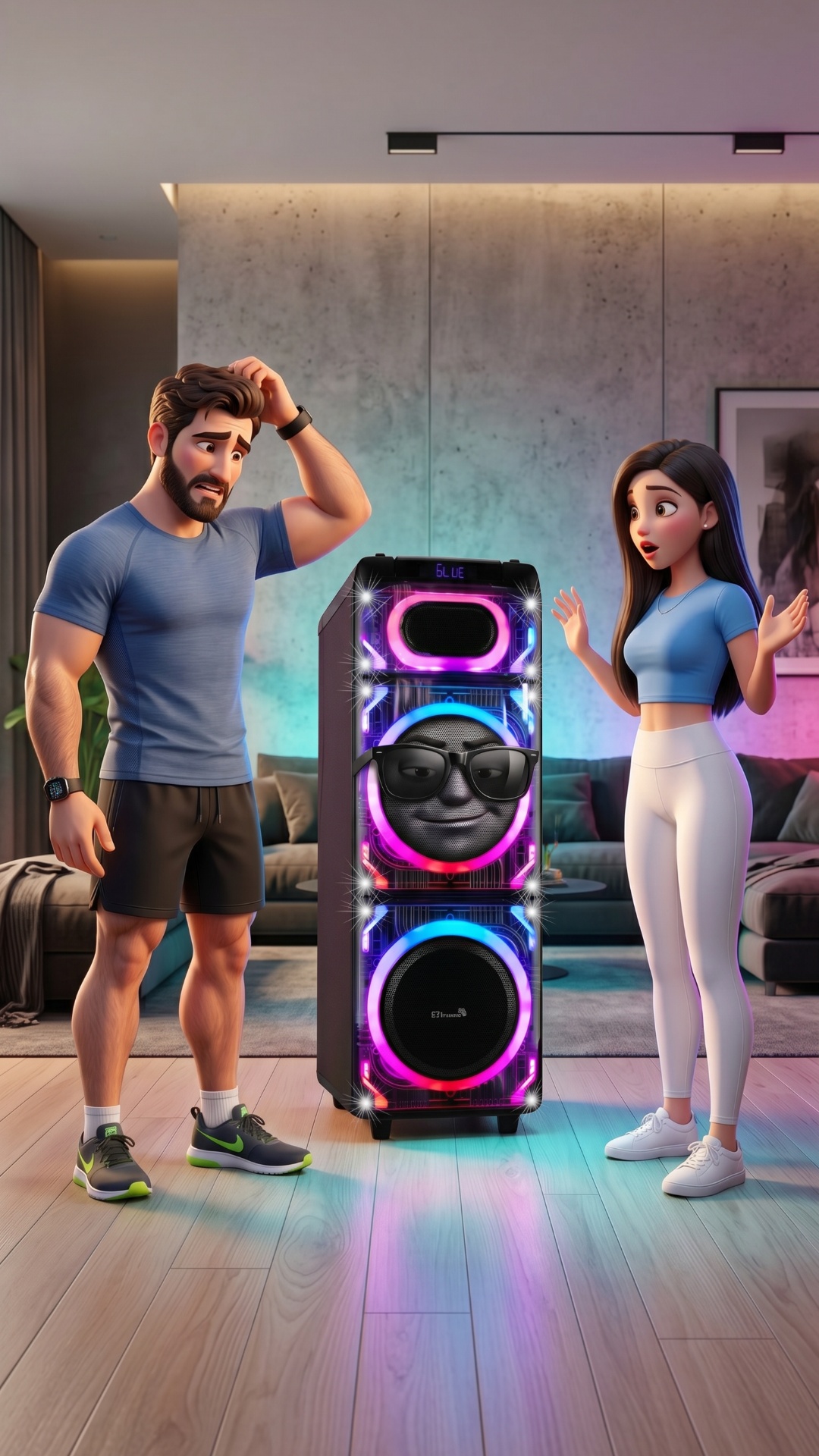 speaker fully enters room, smooth confident movement forward, RGB lights begin stronger pulsing, ...