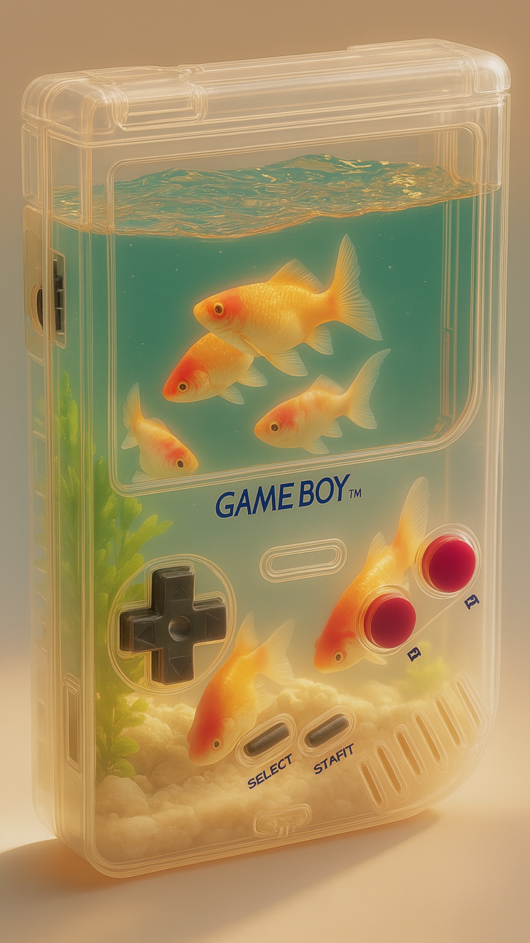 A retro Game Boy transformed into a surreal aquarium, filled with clear blue-green water and glow...