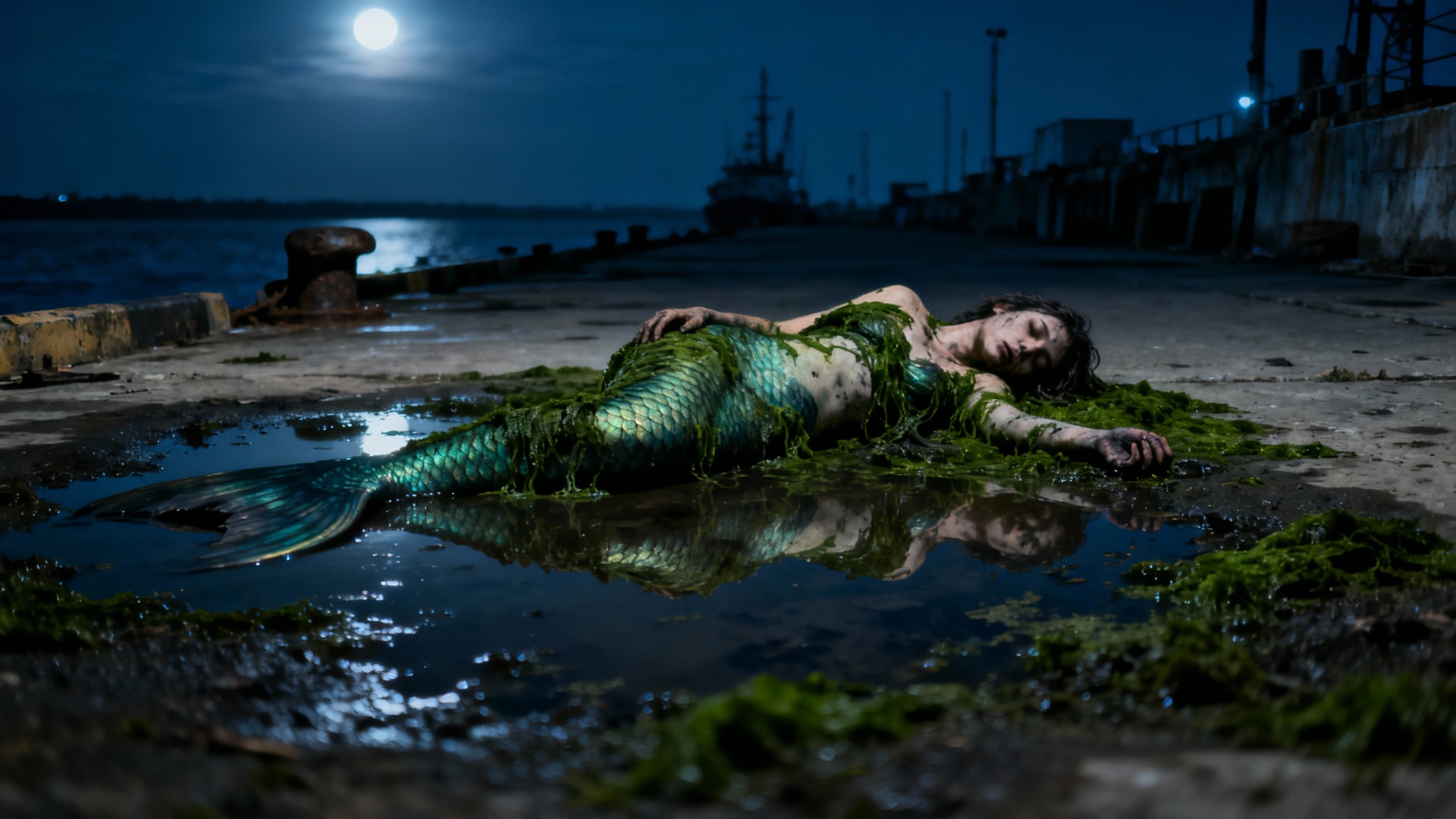 La sirène se roule désespérément dans la boue, les algues et le sable, un nuage voile la lune