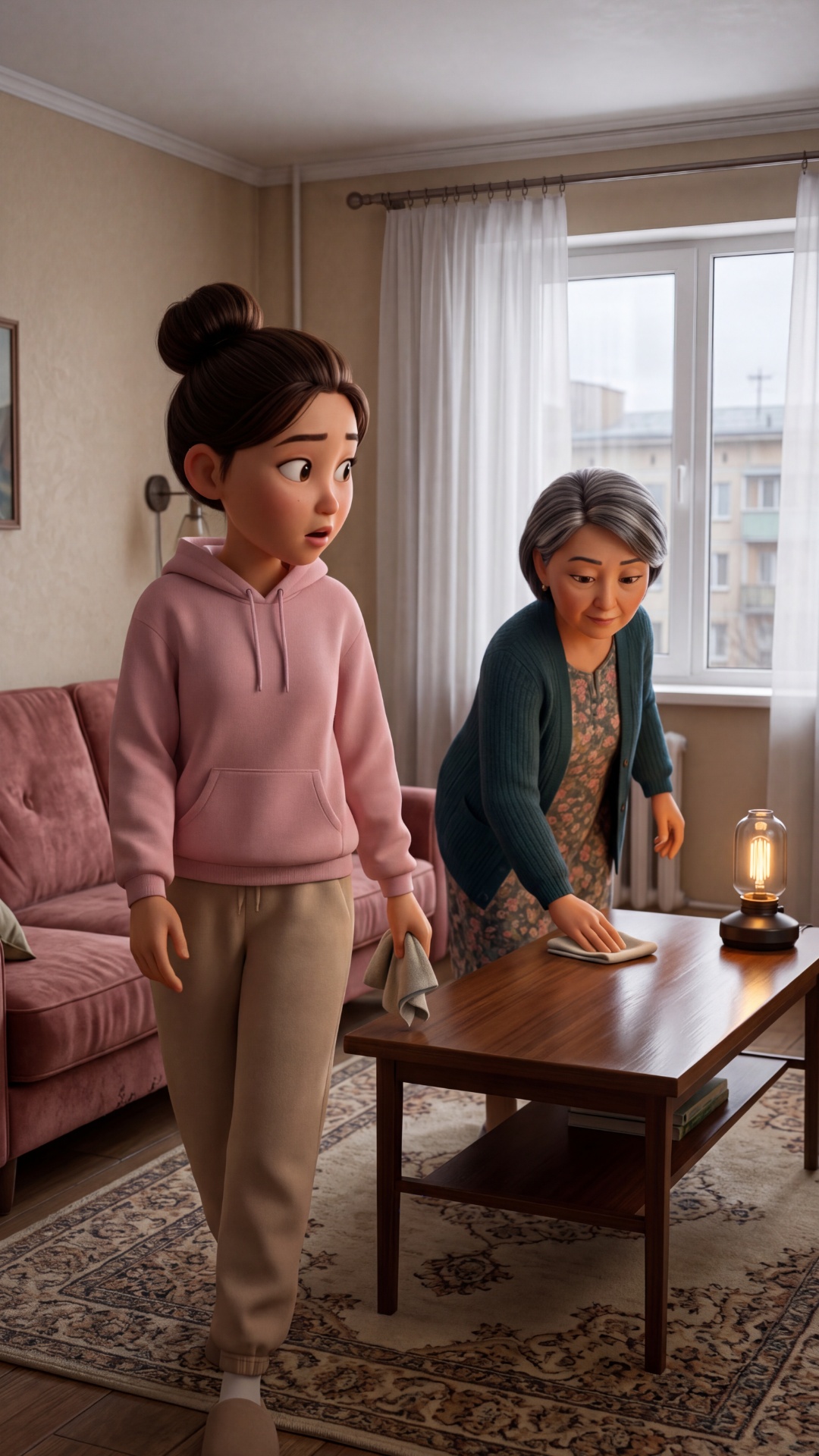 Pixar 3D animation style, cinematic 4K. 
Moscow apartment living room, afternoon light.

Girl 24y...