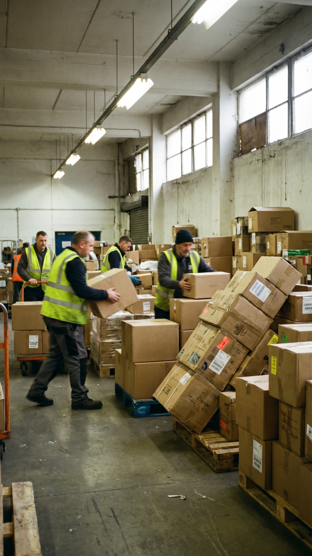 Ultra photorealistic large warehouse interior, tall shelves filled with boxes of different sizes,...