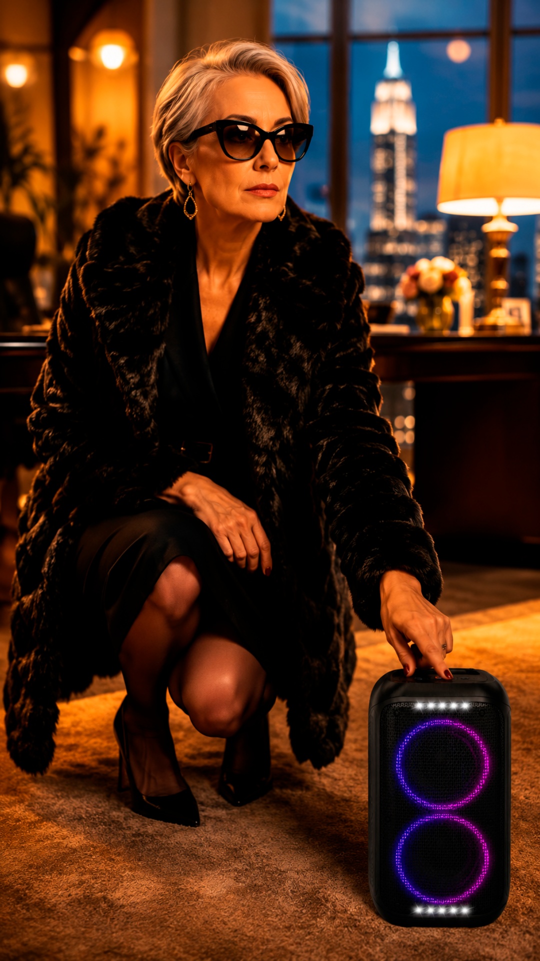 Strict older fashion boss woman kneels beside small portable Eltronic speaker in luxury office. S...