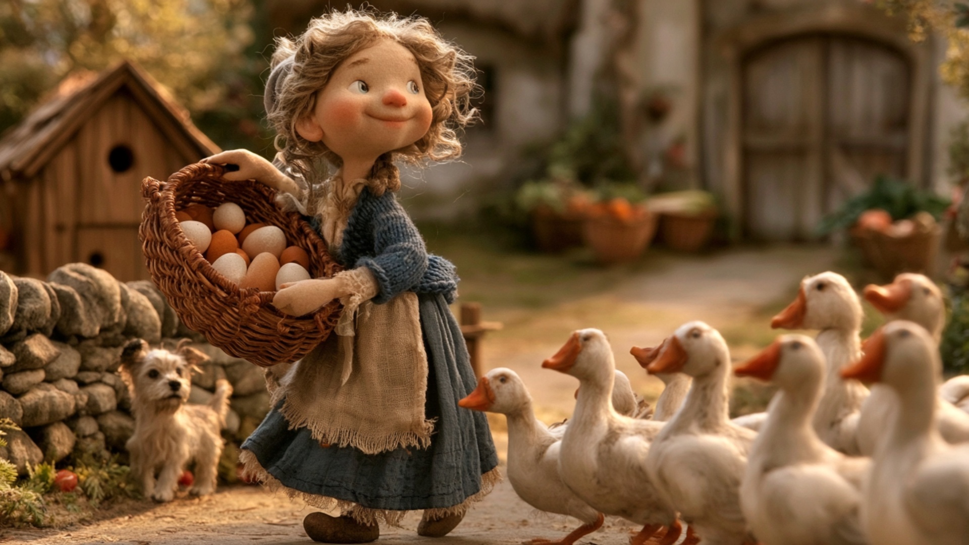 The girl takes two careful steps and then stops as several geese move around both sides of her, c...