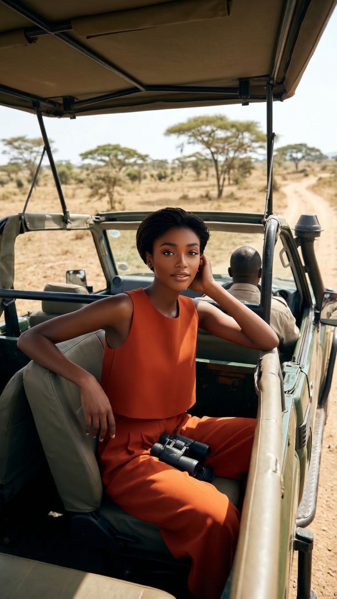 safari jeep rides bouncing across savanna and suddenly model sees a hippo bathing