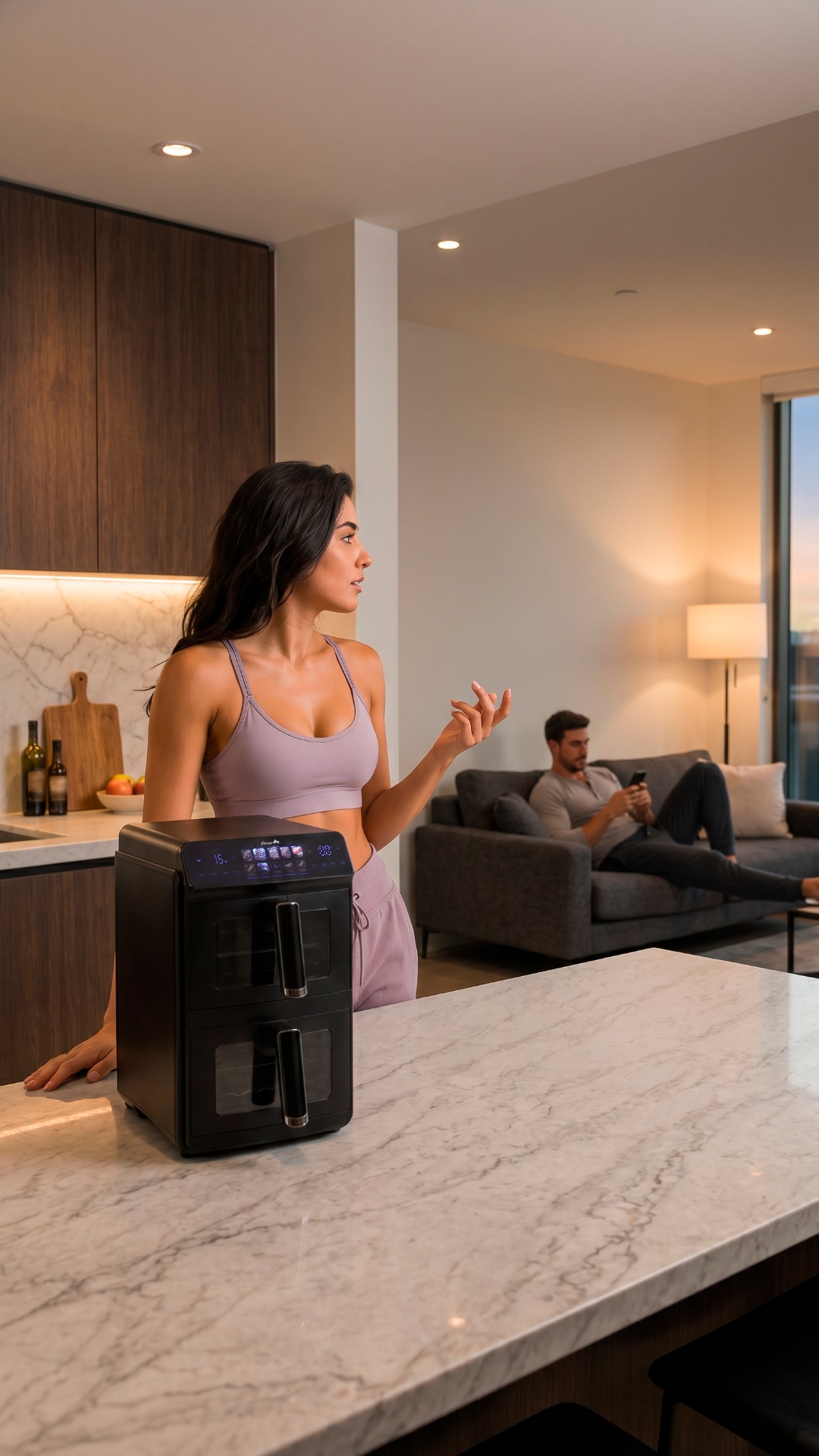 Realistic cinematic video.

Modern luxury kitchen.

The woman turns toward the man in the liv...