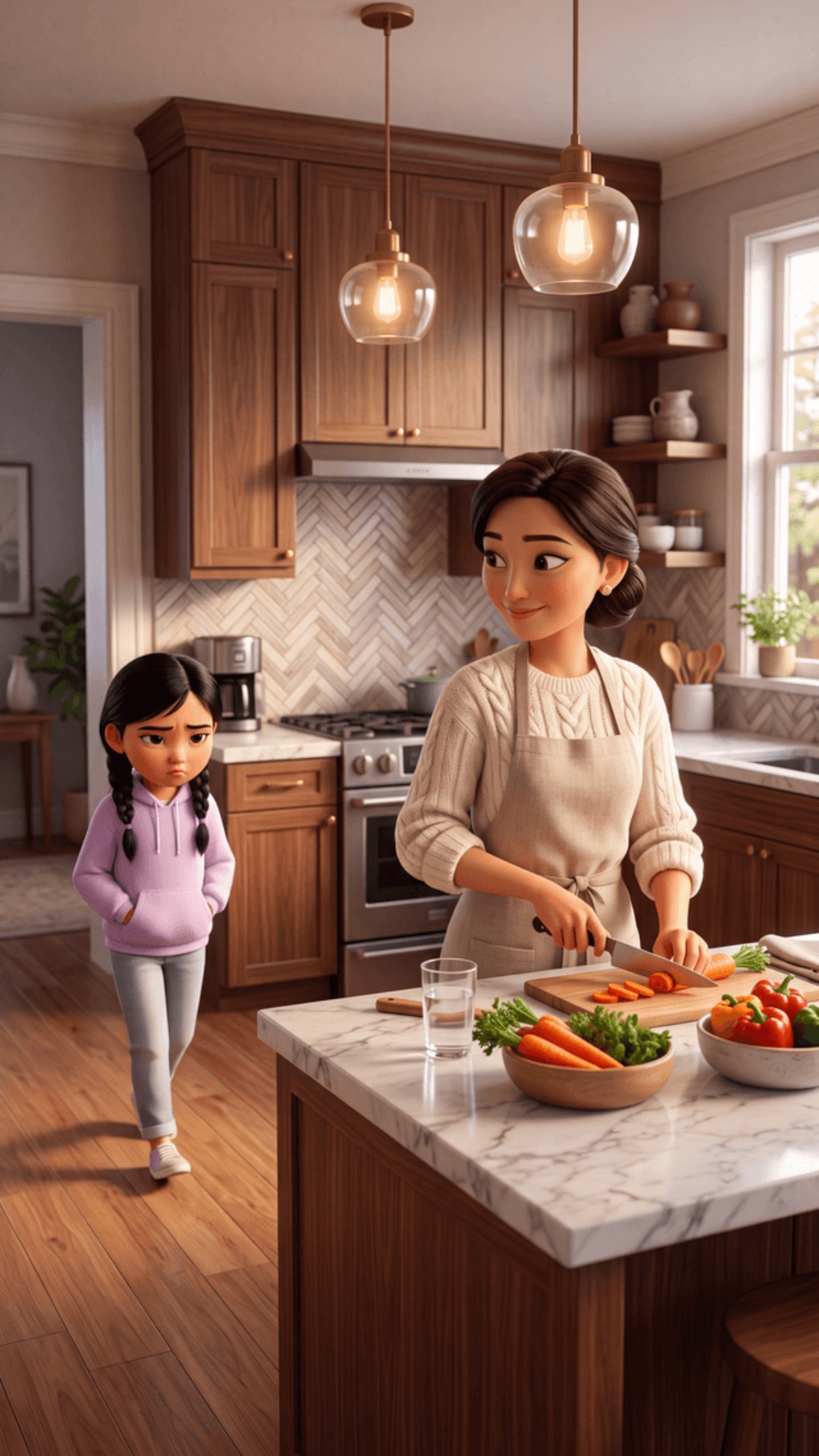 Pixar-style 3D animation, cozy upscale kitchen, warm pendant light, soft daylight. Kyrgyz mother ...