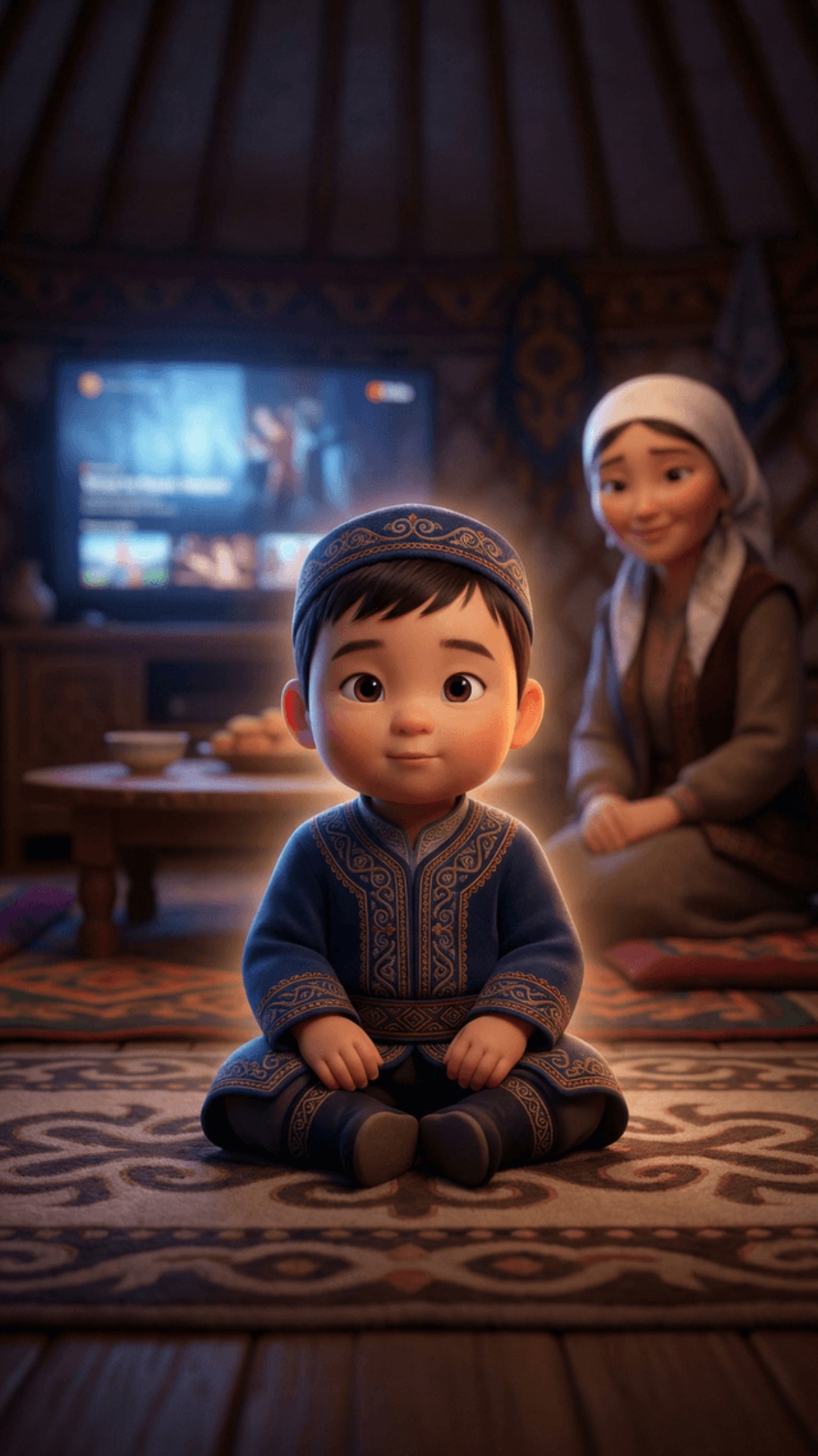 vertical video 9:16, pixar style animation, fully stylized cartoon кыргыз characters, no realism,...