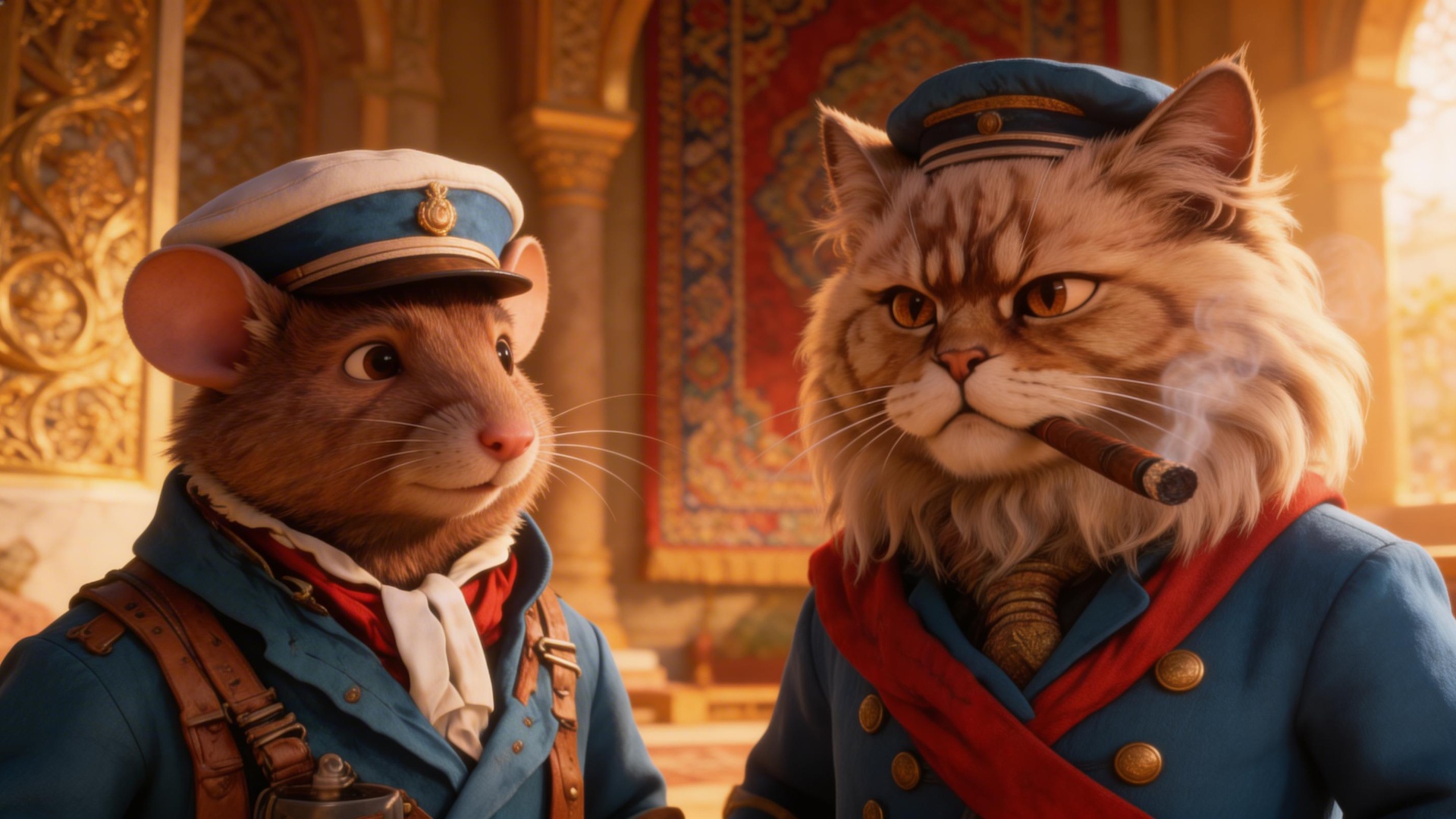 Strong rule: style --- 3D Pixar ---. Cinematic close-up of an elderly anthropomorphic Persian cat...