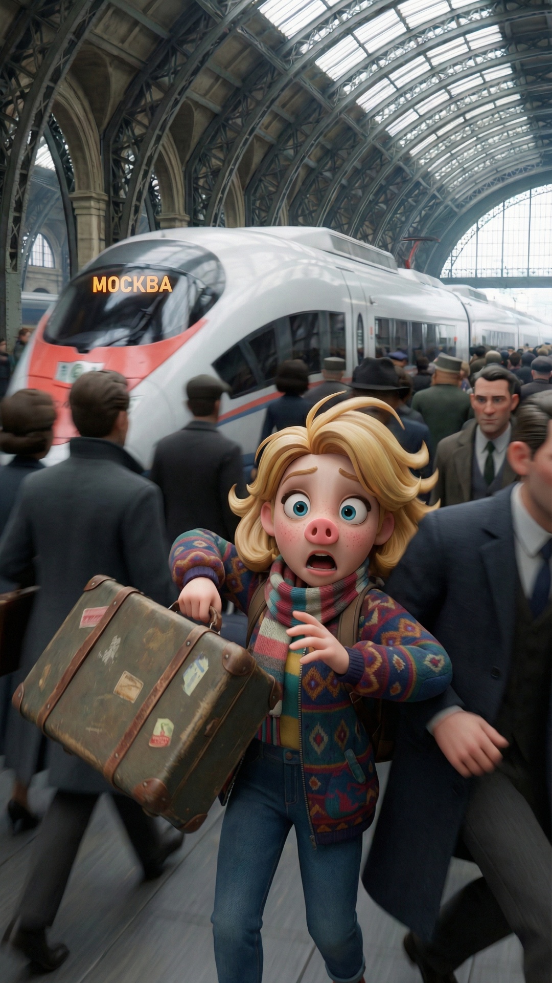 3D animated cinematic shot, Disney-style, close-up chaotic crowd pushing, dynamic camera shake, P...