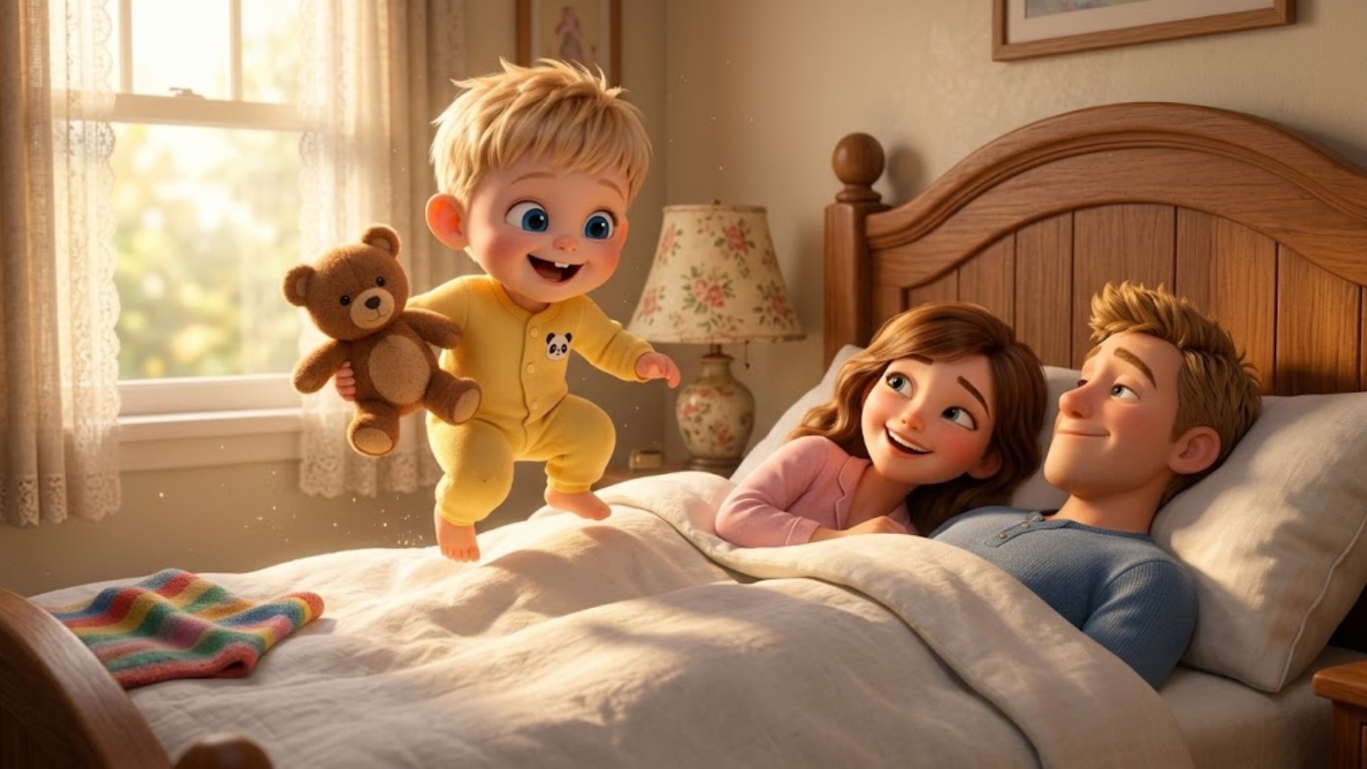 Art style: Charming 3D animation for kids, Pixar style, so....

A bright, sun-drenched bedroom wh...