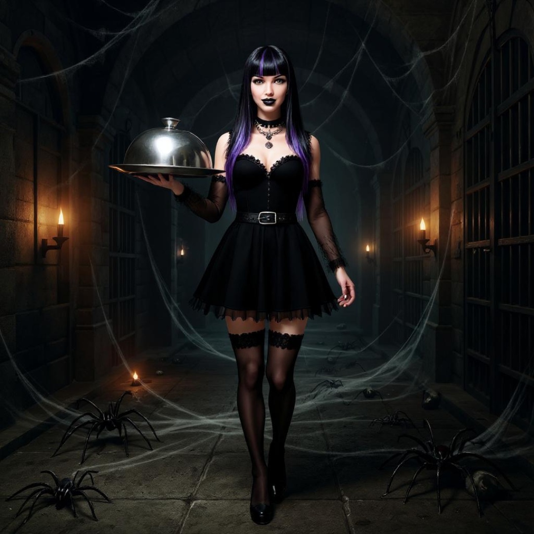 Subject: Female character walking down a corridor
Context: Dimly lit corridor with spiders on the...