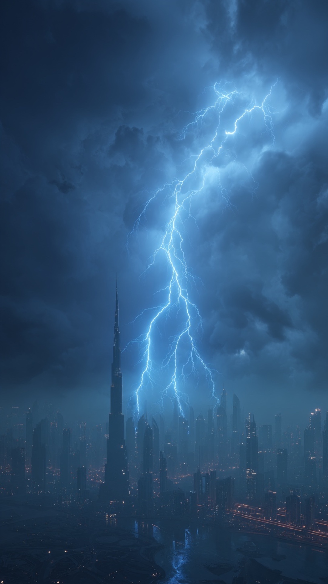 Epic cinematic thunderstorm over a futuristic city skyline, lightning strikes glowing in blue, dr...