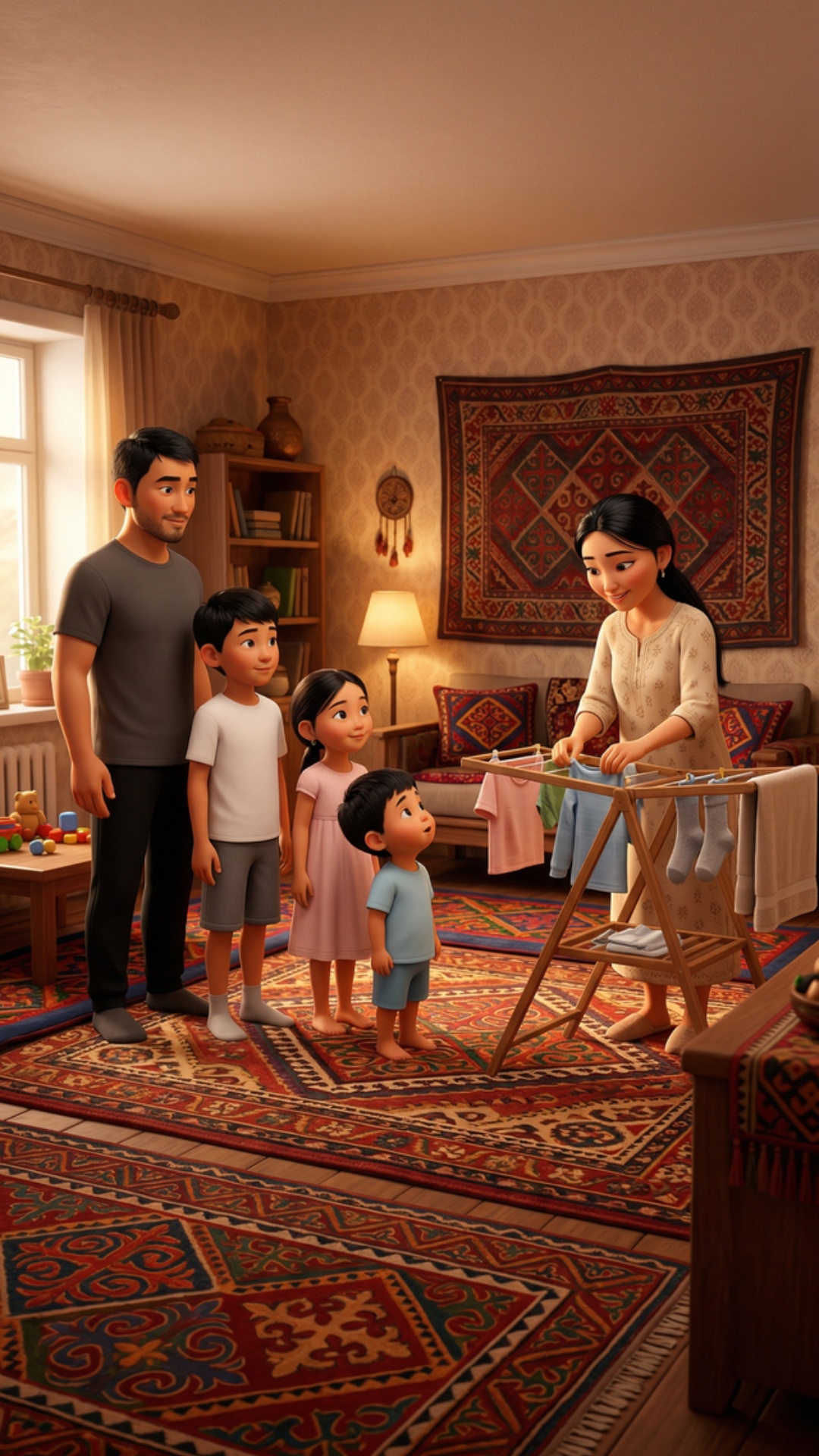 Cinematic 3D Pixar-style, vertical 9:16, кыргызский уютный дом, ковры, тёплый свет.

Father: Kyrg...