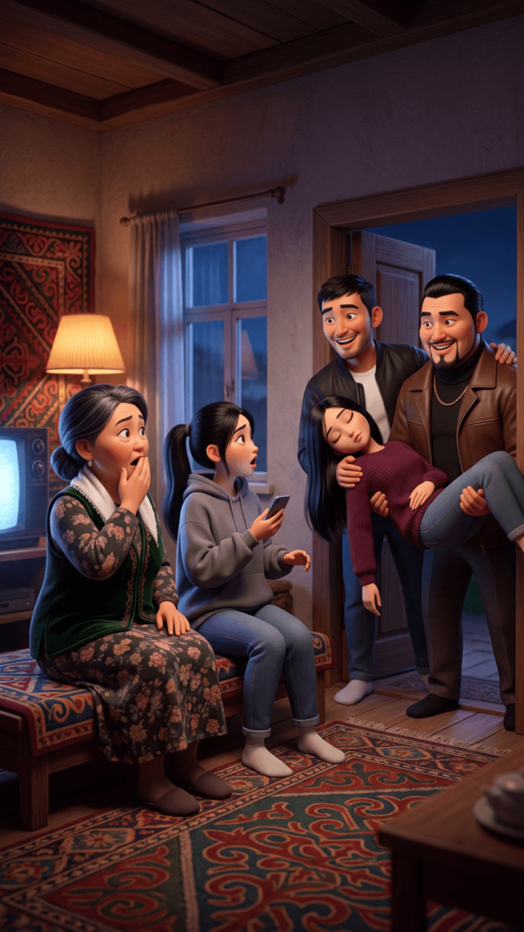 No one speaks in this entire clip, all mouths closed, no speech. Interior of Kyrgyz village home ...