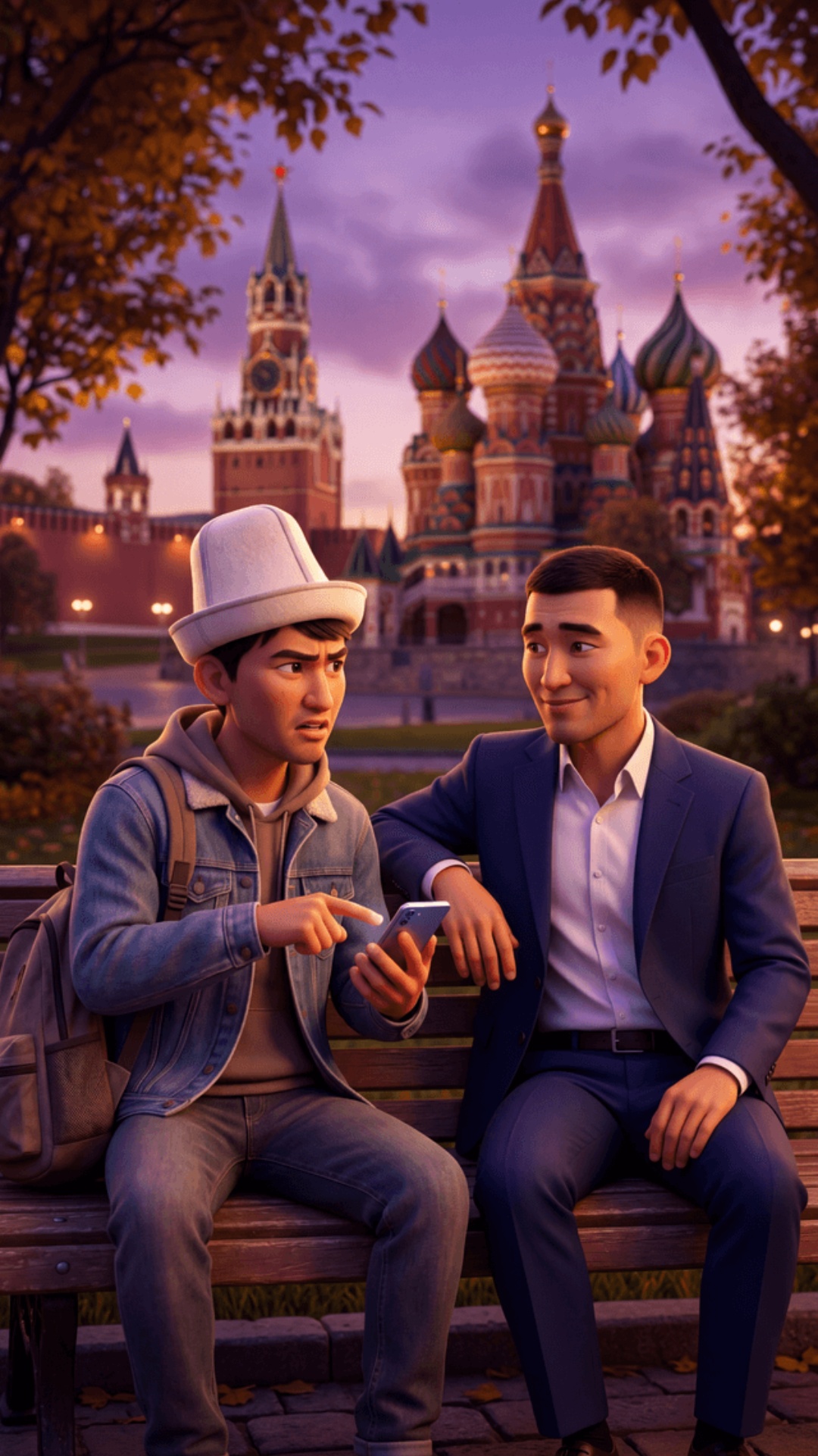 70% Pixar 3D animation 30% cinematic 4K, 9:16,
park bench Moscow, Kremlin and Saint Basil's blurr...