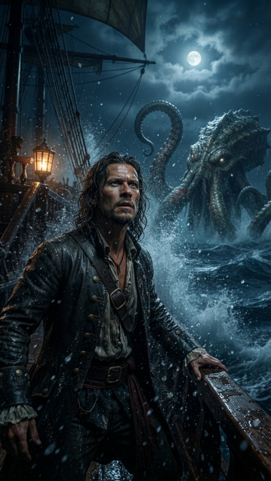 0-2s: Cinematic wide shot during a stormy night. The pirate captain stands braced on the wooden d...
