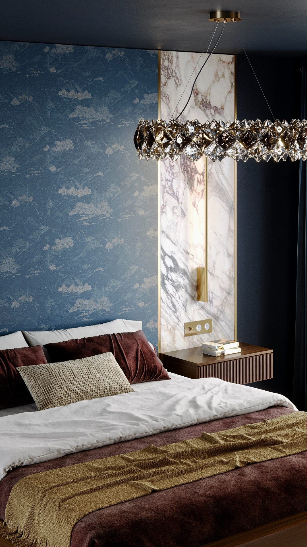 Warm sunset light softly enters the bedroom, creating gentle golden reflections across the marble...