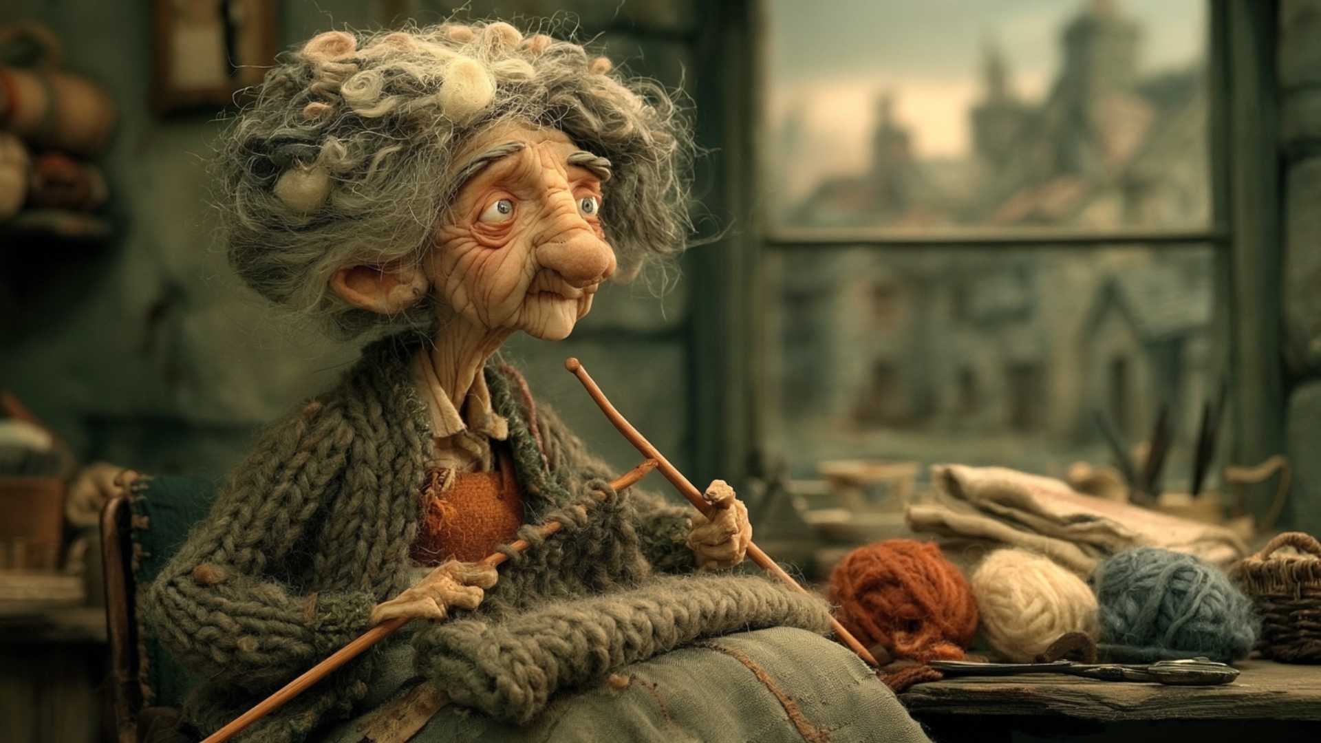 The elderly woman makes several natural knitting movements with the wooden needles, drawing new l...