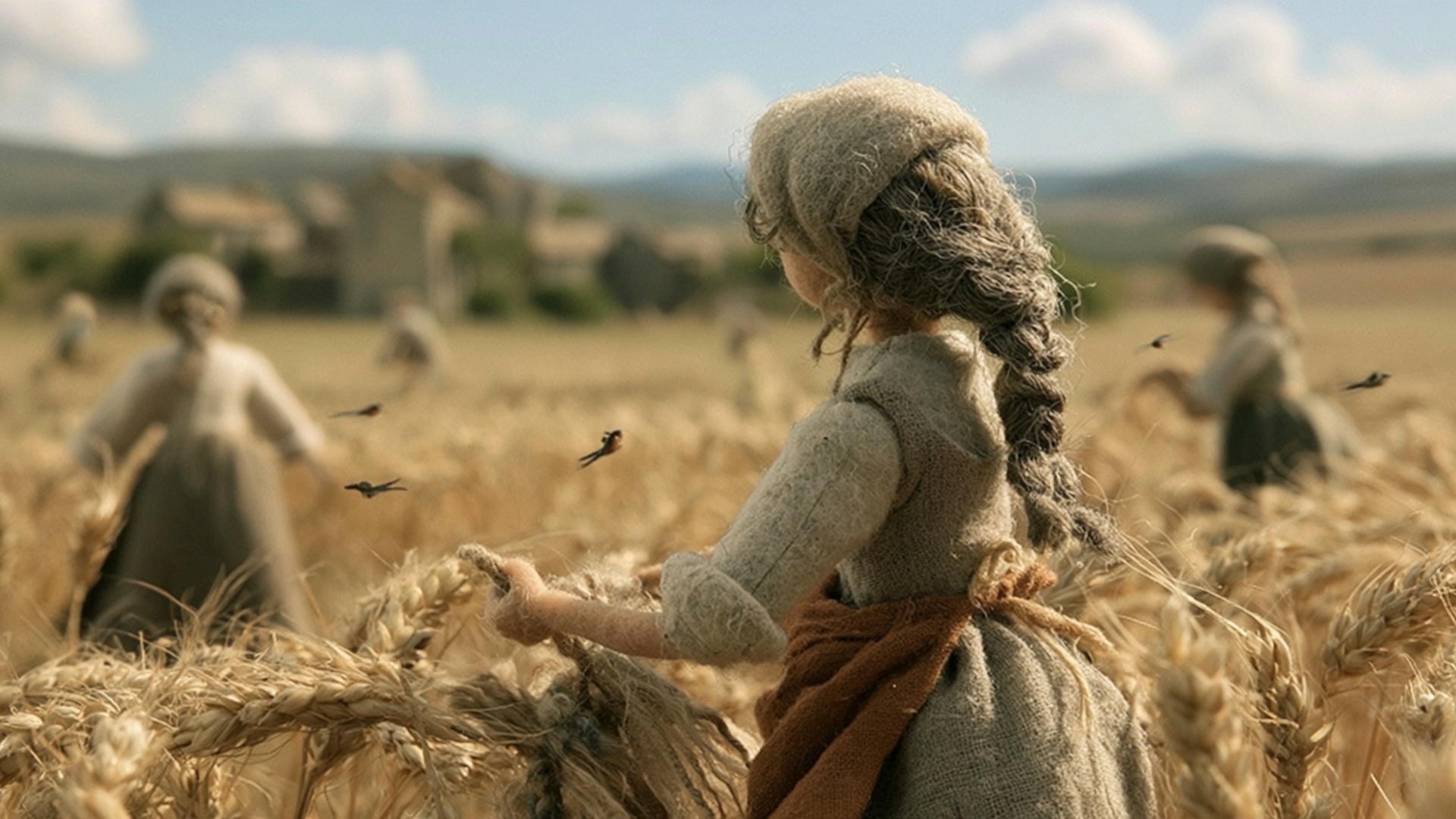 The woman in the foreground steadily gathers several wheat stalks with both hands and pulls them ...