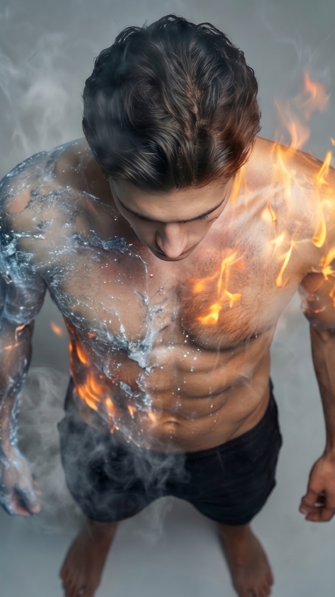 Dramatic top-down crane shot. The man stands in the center of a clash between fire and water. The...