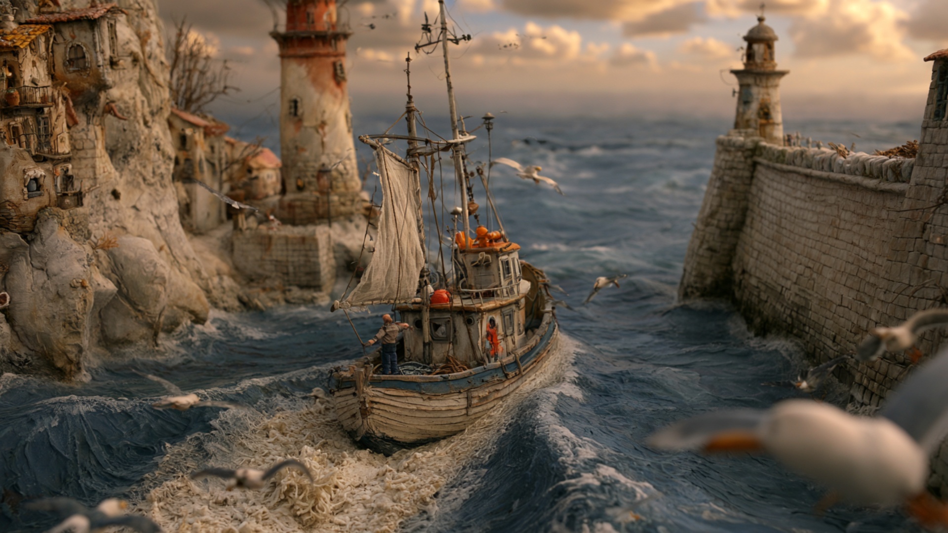 A larger wave reaches the fishing boat and lifts the bow, causing the hull to tilt naturally befo...
