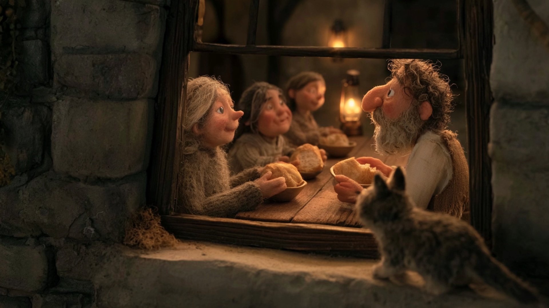 Continuous natural dining action for the full 5 seconds. The elderly man breaks a piece of bread ...