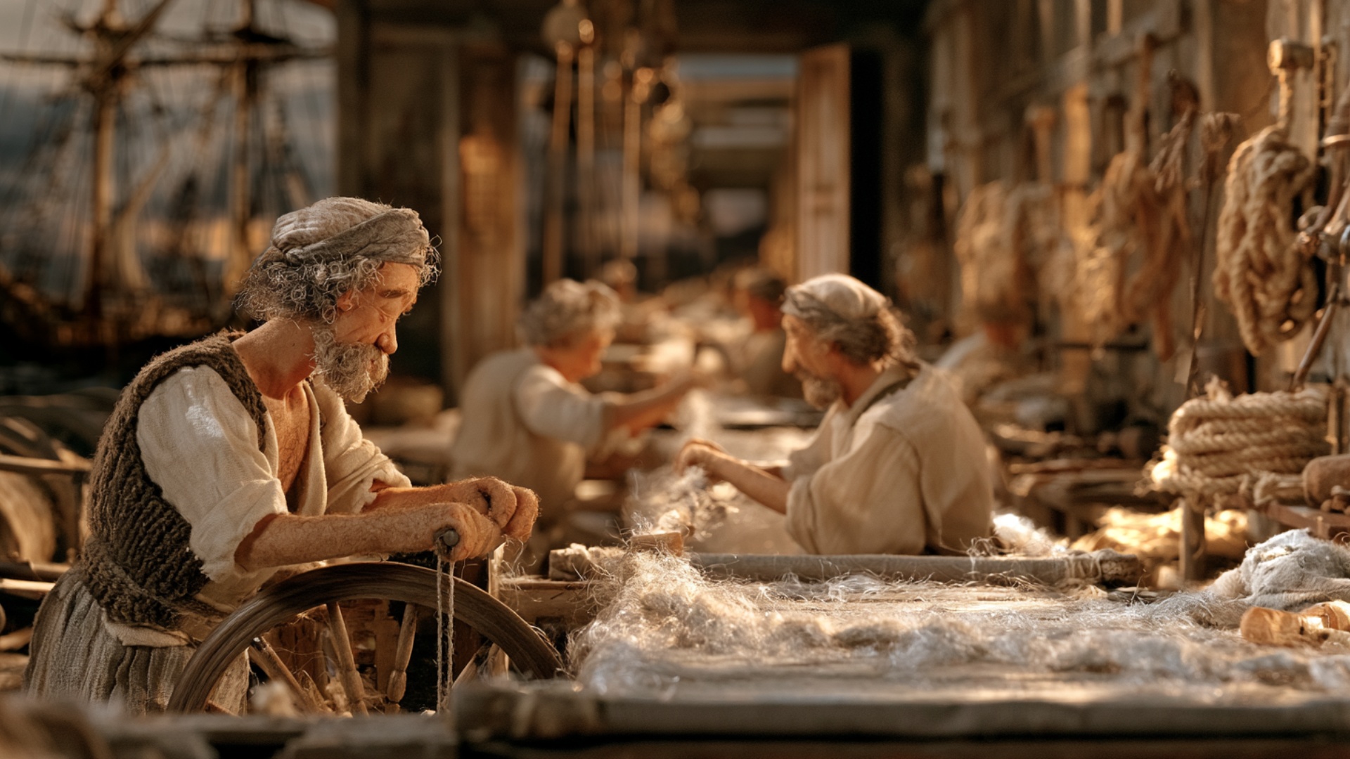 The foreground rope maker steadily turns the large wooden wheel already in front of him, completi...