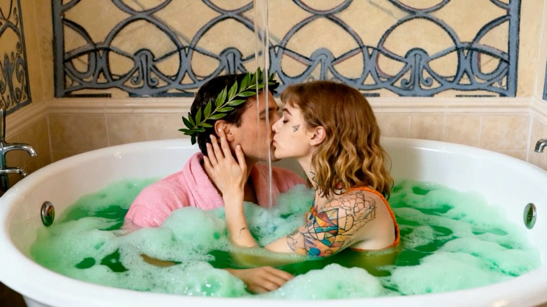 Des flammes surgissent autour de la baignoire. L'homme sort de l'eau une feuille et un stylo, il ...