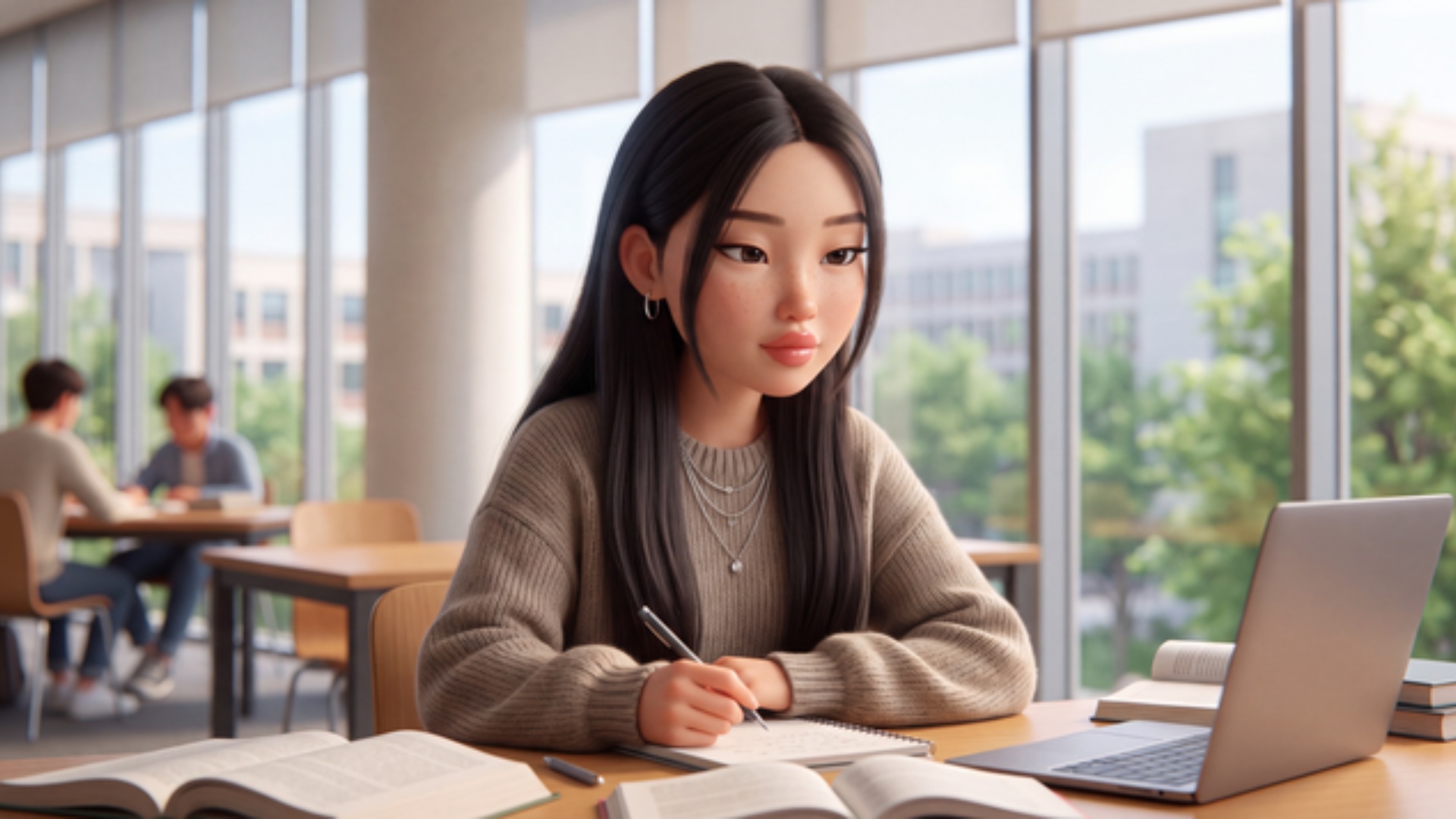 Image-to-video. Keep the exact same character, face, hair, sweater and library setting from the i...
