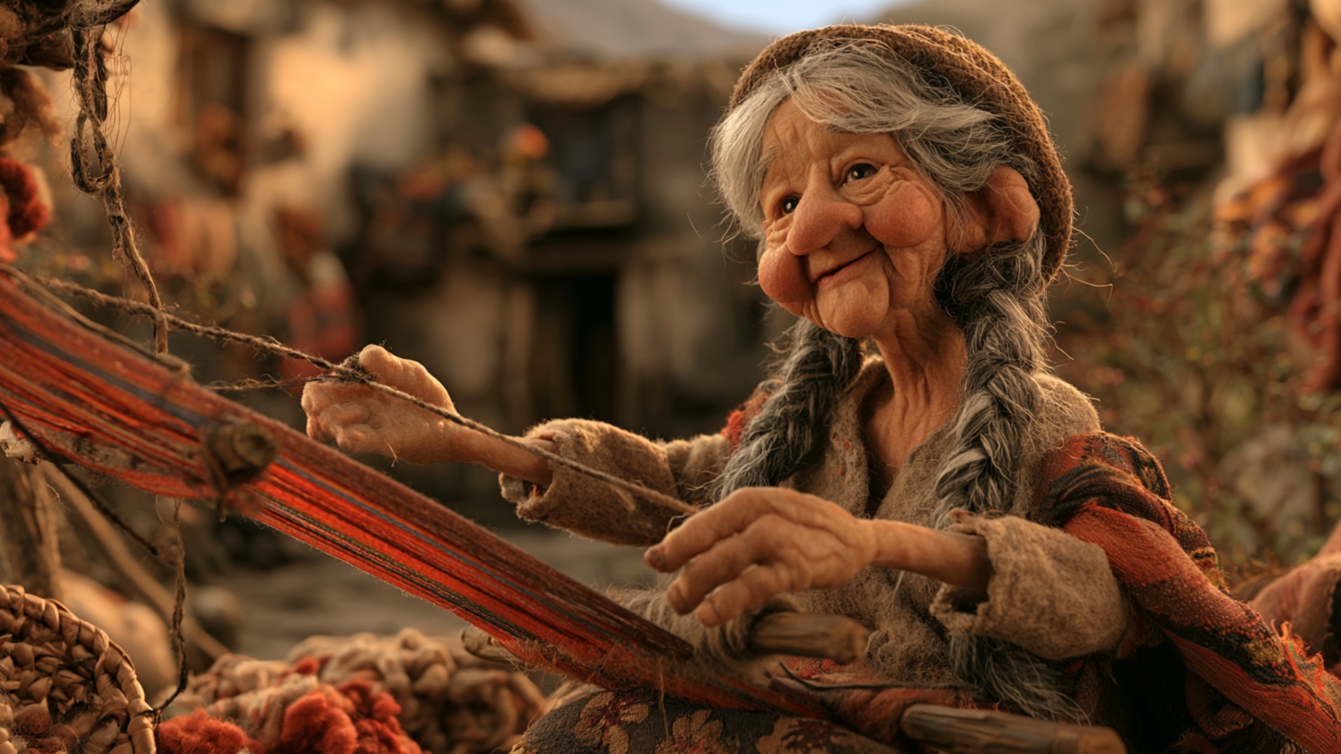 Her hands pass the shuttle through stretched threads, the loom threads vibrating taut, colorful y...