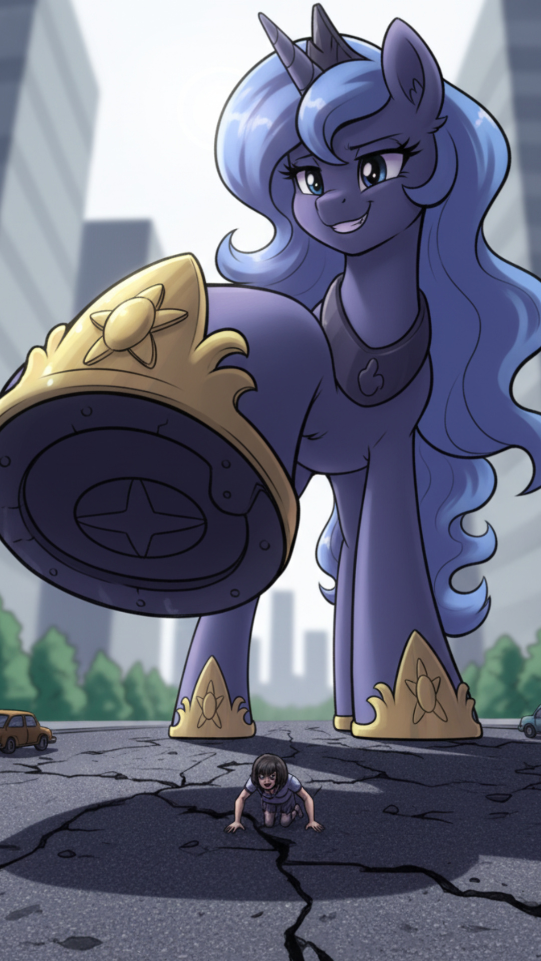 She is crushing the Tiny guy under her hoof. some little Red splatters appear under her hoof.