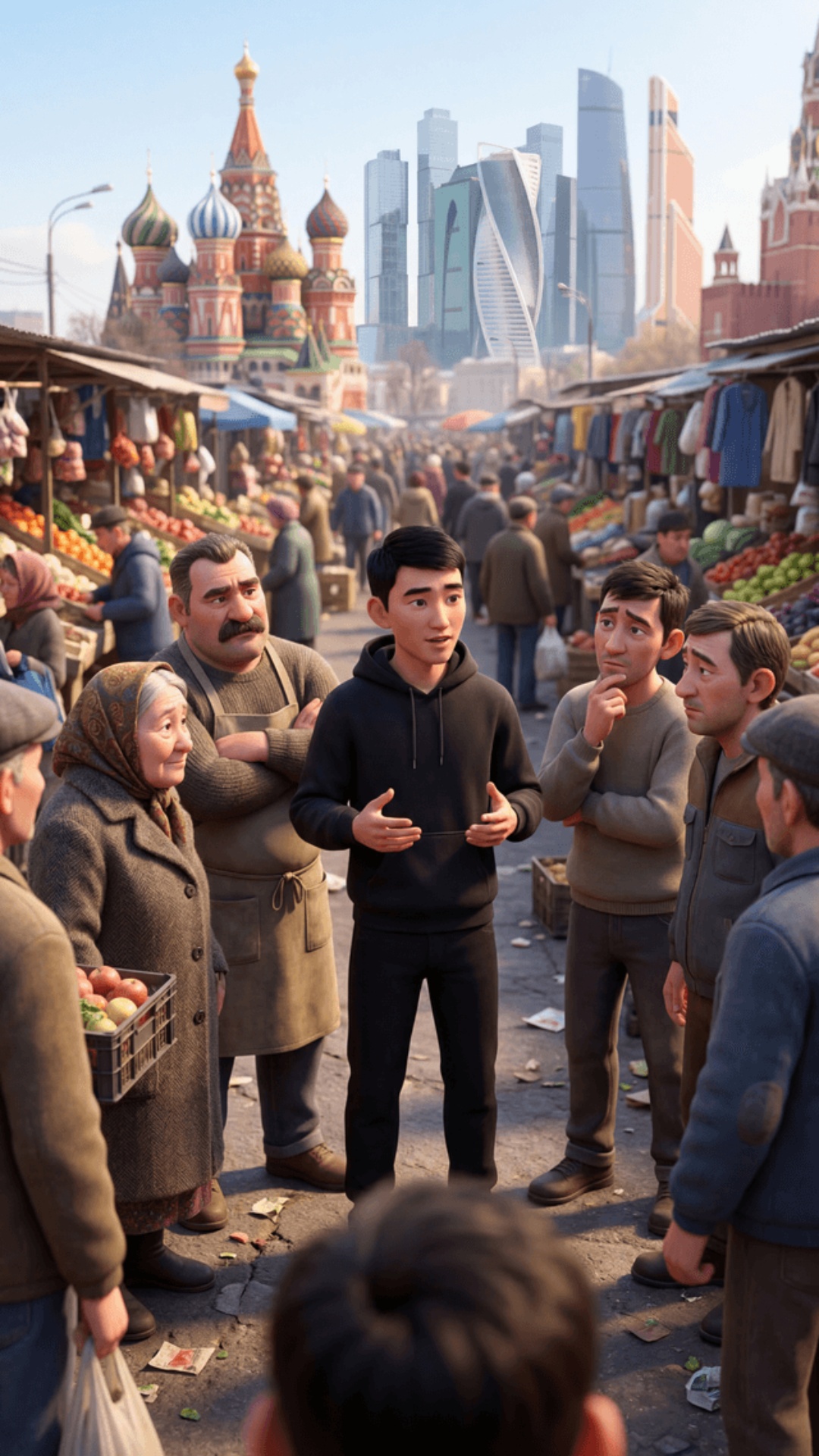 Cinematic Pixar style 3D animation, vertical 9:16.

Spring daytime, Moscow bazaar. Moscow skyli...