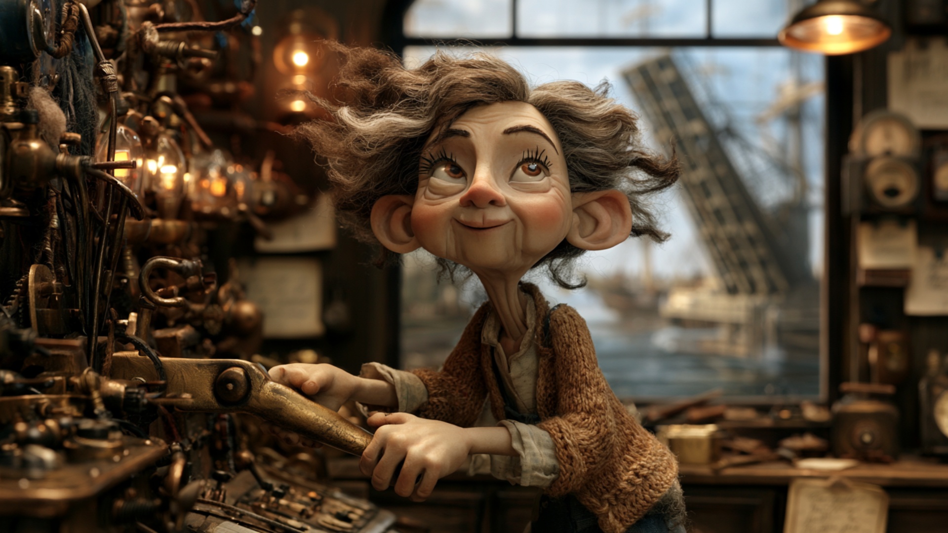 The female drawbridge operator grips the large brass lever with both hands and pulls it firmly do...