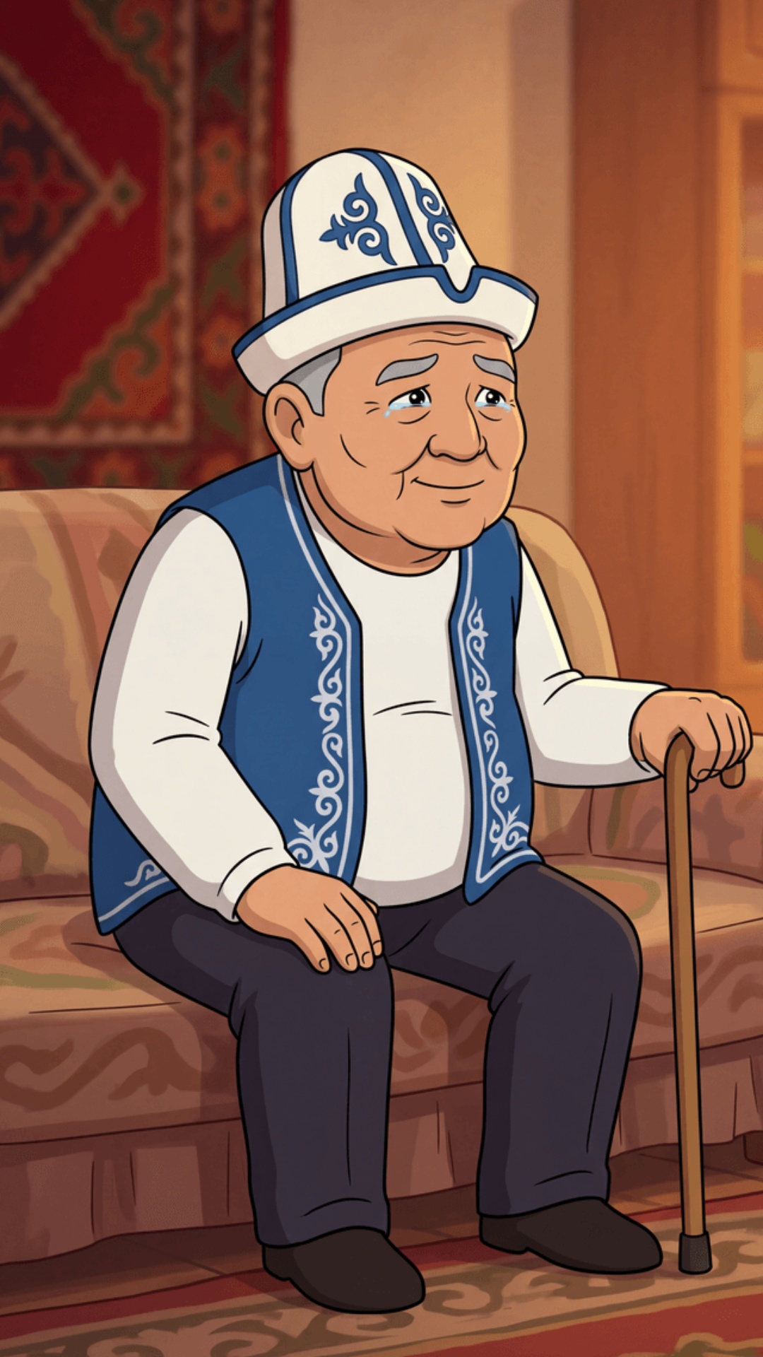 A 2D animated scene in the style of a 2000s Kyrgyz children's cartoon.

Setting:
Interior of a...