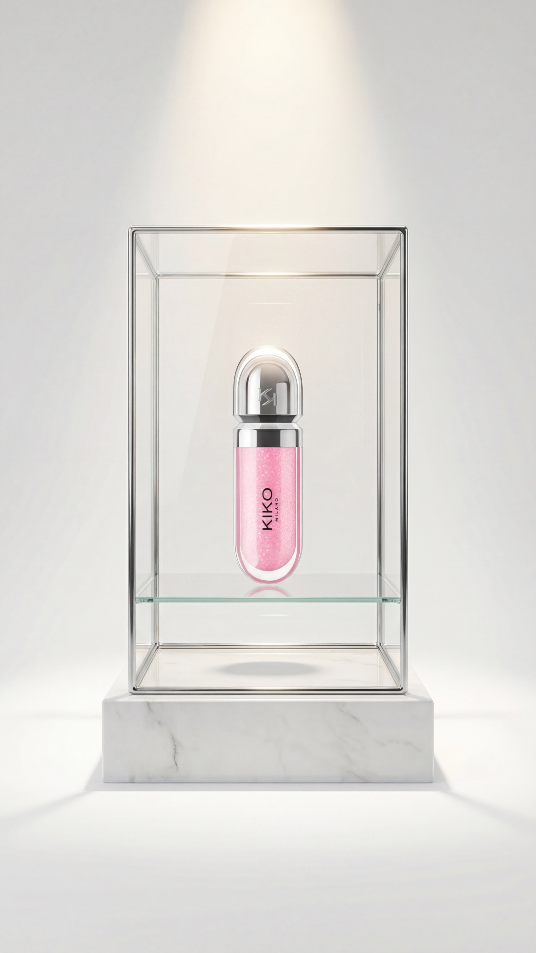 minimal luxury studio shot, transparent glass display box placed on a clean white pedestal, insid...