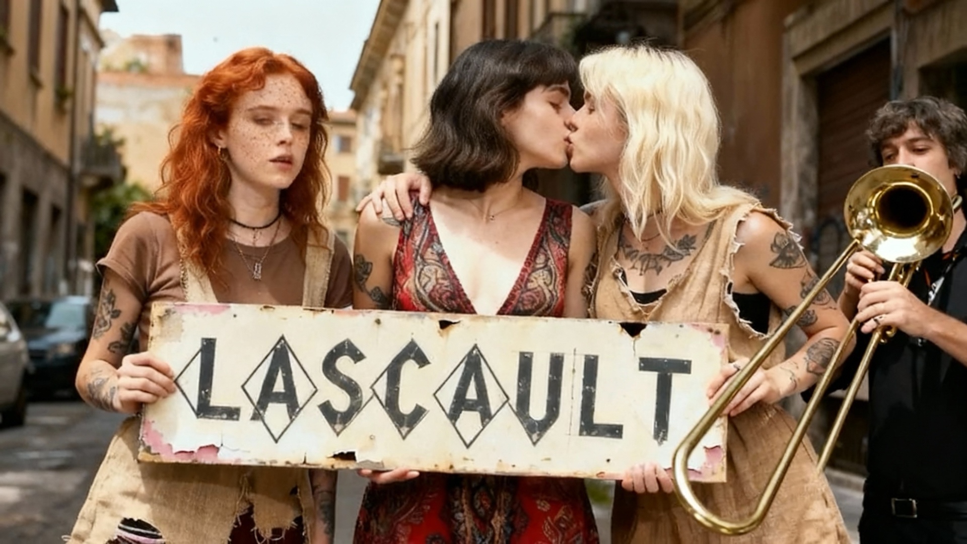 Les trois filles amoureuses avancent dans la rue, accompagnées par le tromboniste qui joue la sér...
