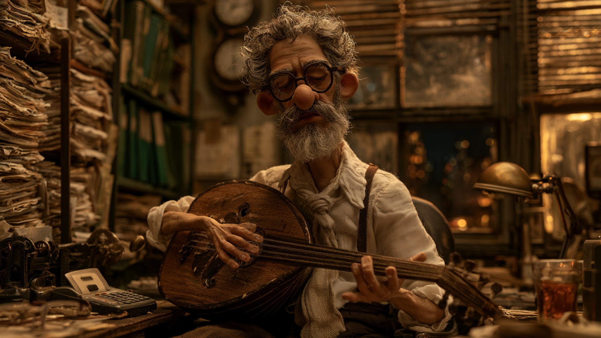 Start from the exact seated pose with the wooden oud already resting across his lap, his left han...