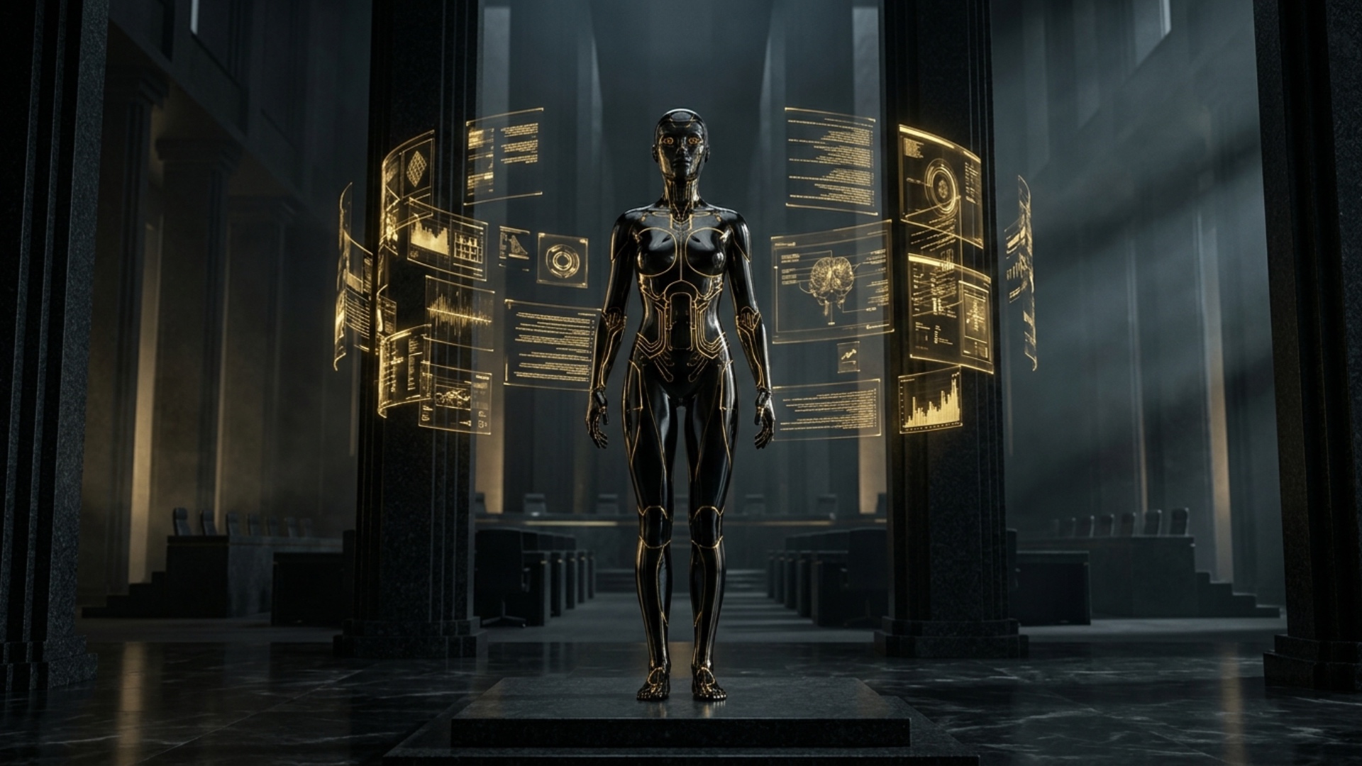 A premium humanoid AI figure made from black obsidian stands inside a monumental government hall....