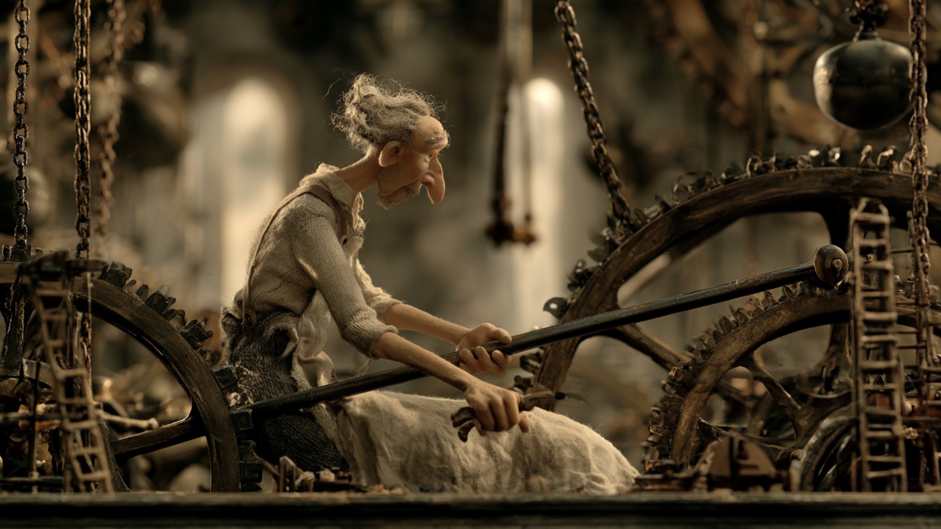 The clock keeper grips the two existing long metal bars and slowly pulls one toward himself while...