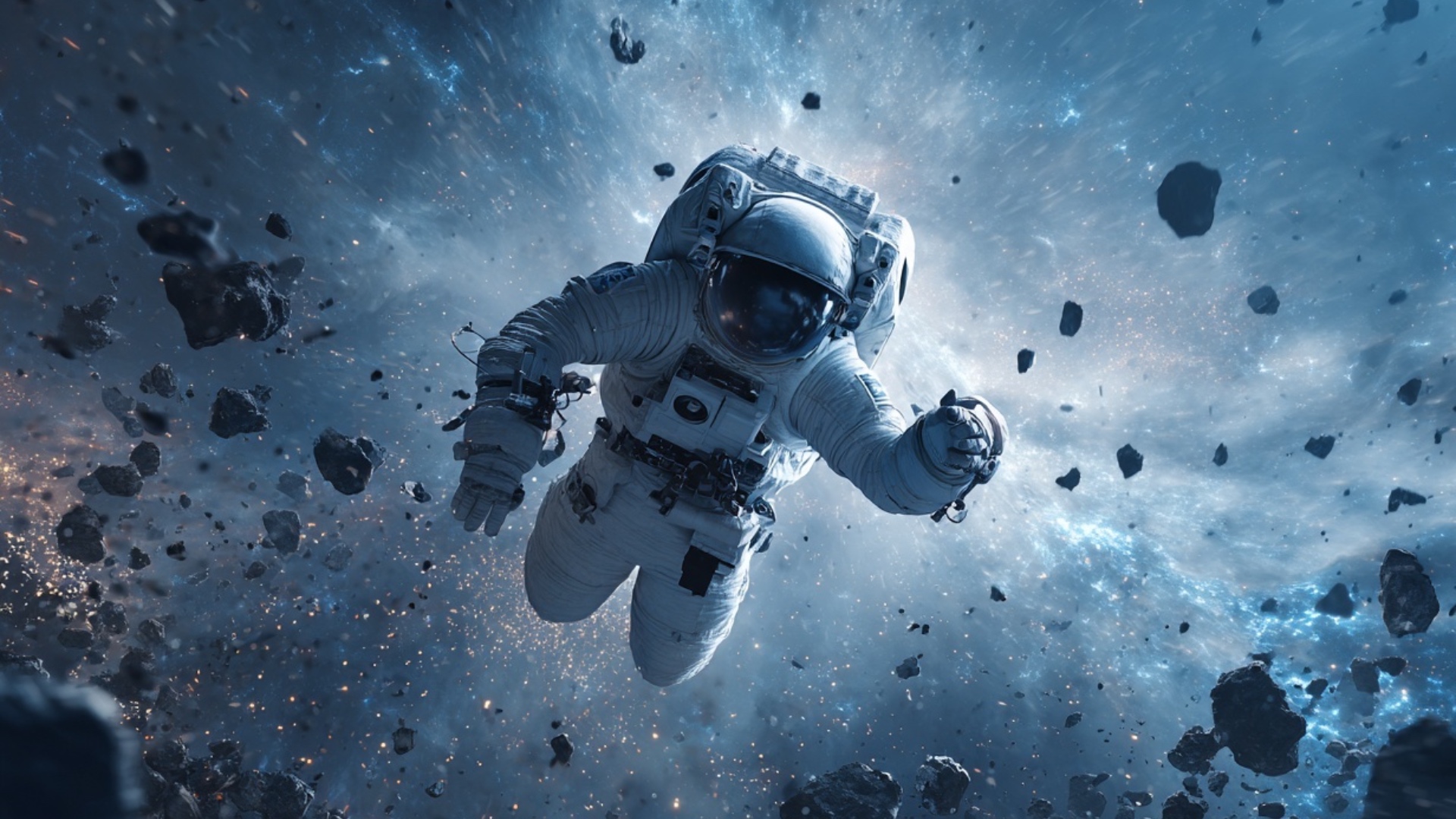 A lone astronaut drifts through open space… surrounded by shattered asteroids and glowing cosmic ...