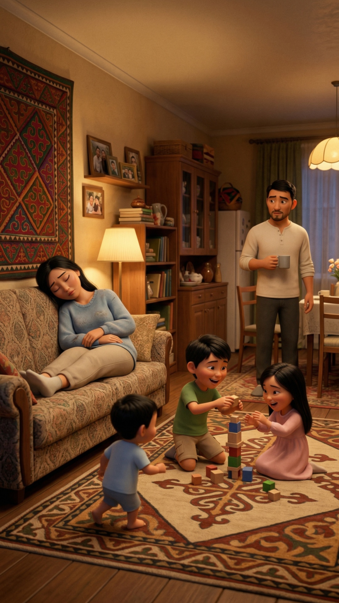 Quiet moment + Quiet play (merged)

Cinematic 3D Pixar-style animation, vertical 9:16, warm cozy ...